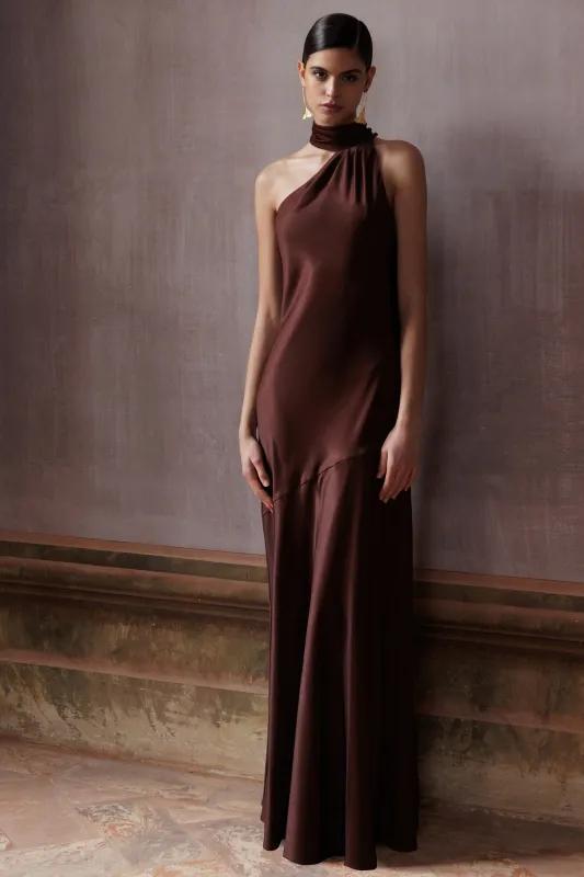 Cara | Brown Matte Satin High-Neck Maxi Dress made by Club L London