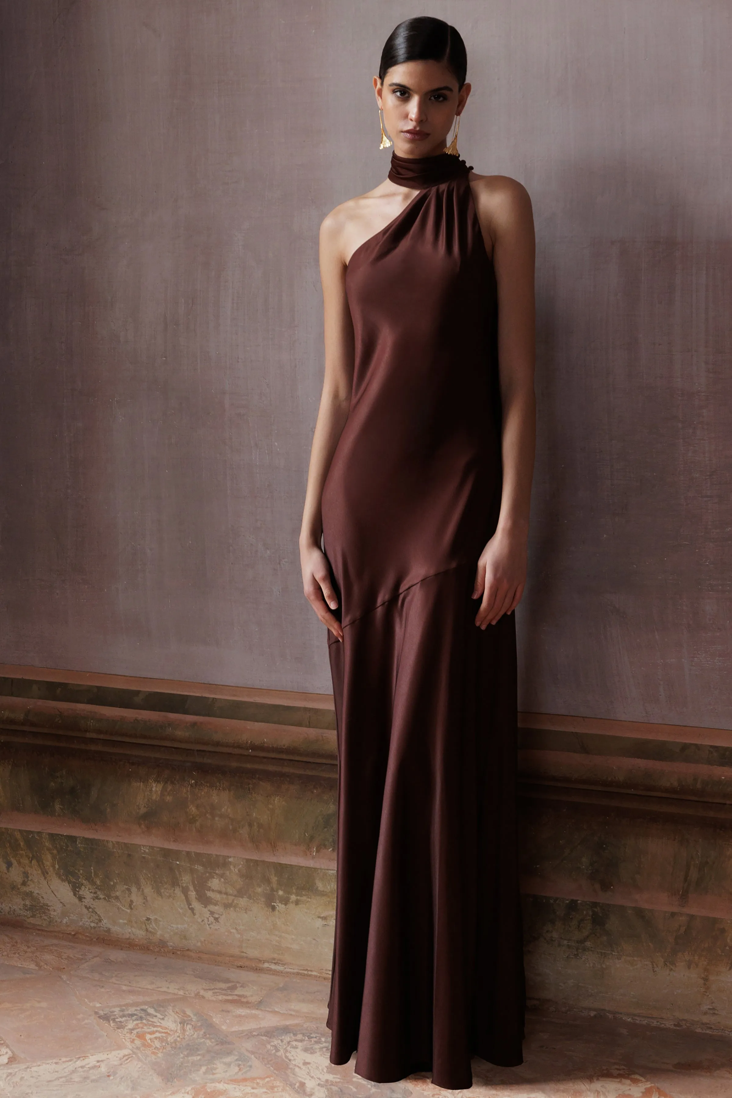 Cara | Brown Matte Satin High-Neck Maxi Dress sold by Club L London