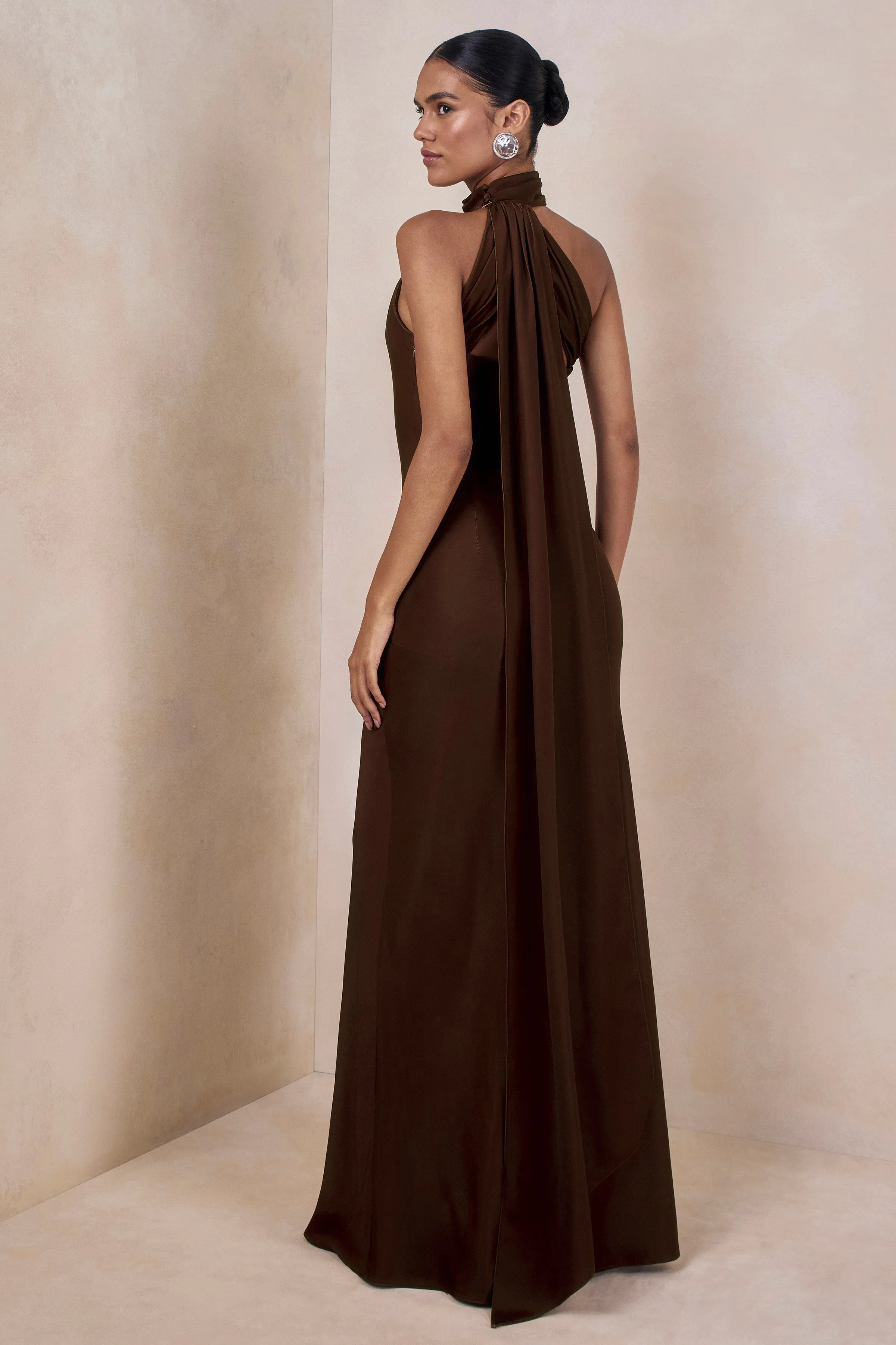Cara | Brown Matte Satin High-Neck Maxi Dress sold by Club L London product image thumbnail 3