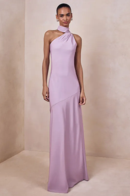 Cara | Lilac Matte Satin High-Neck Maxi Dress made by Club L London