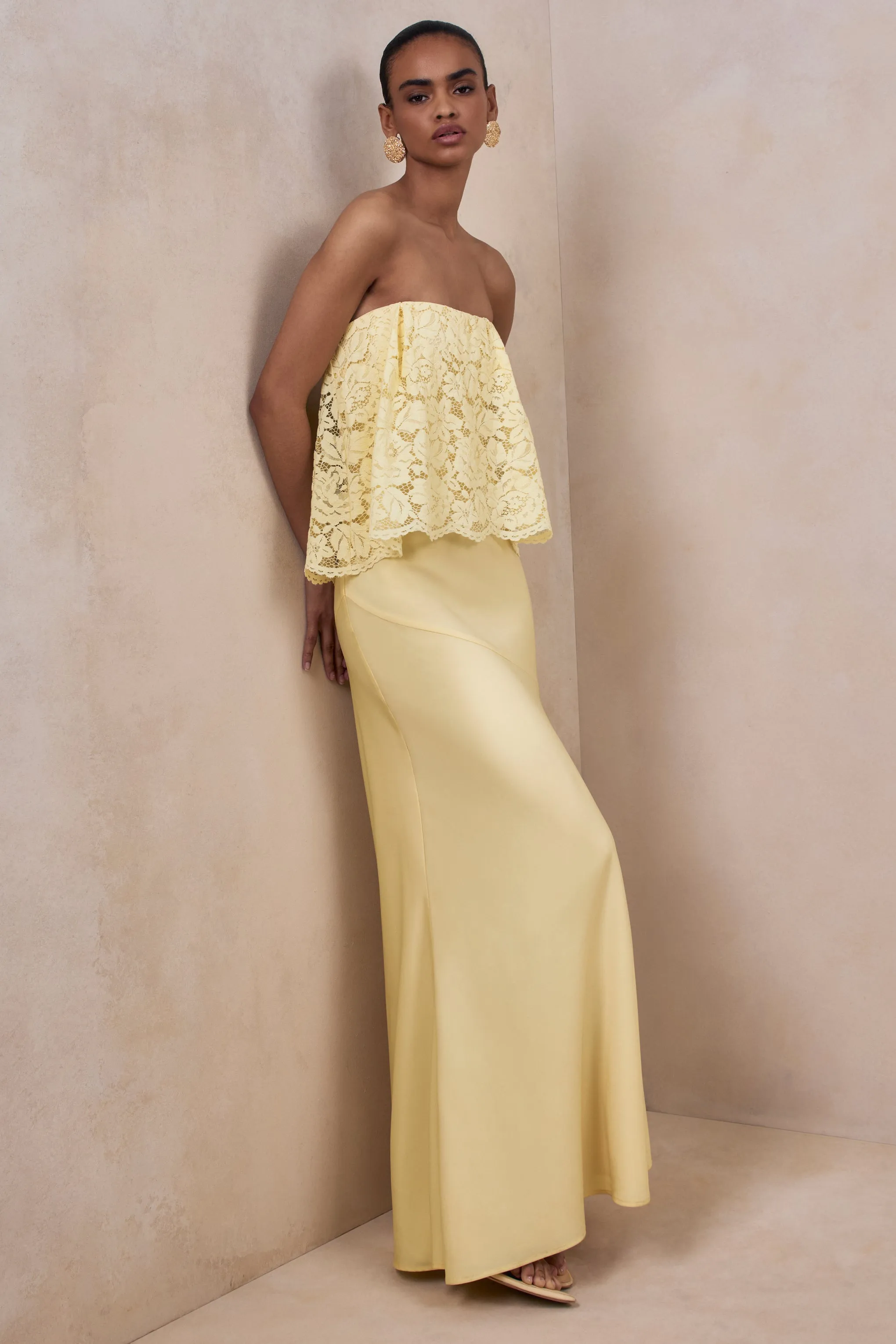 Clemency | Lemon Lace And Matte Satin Bandeau Maxi Dress sold by Club L London product image thumbnail 5