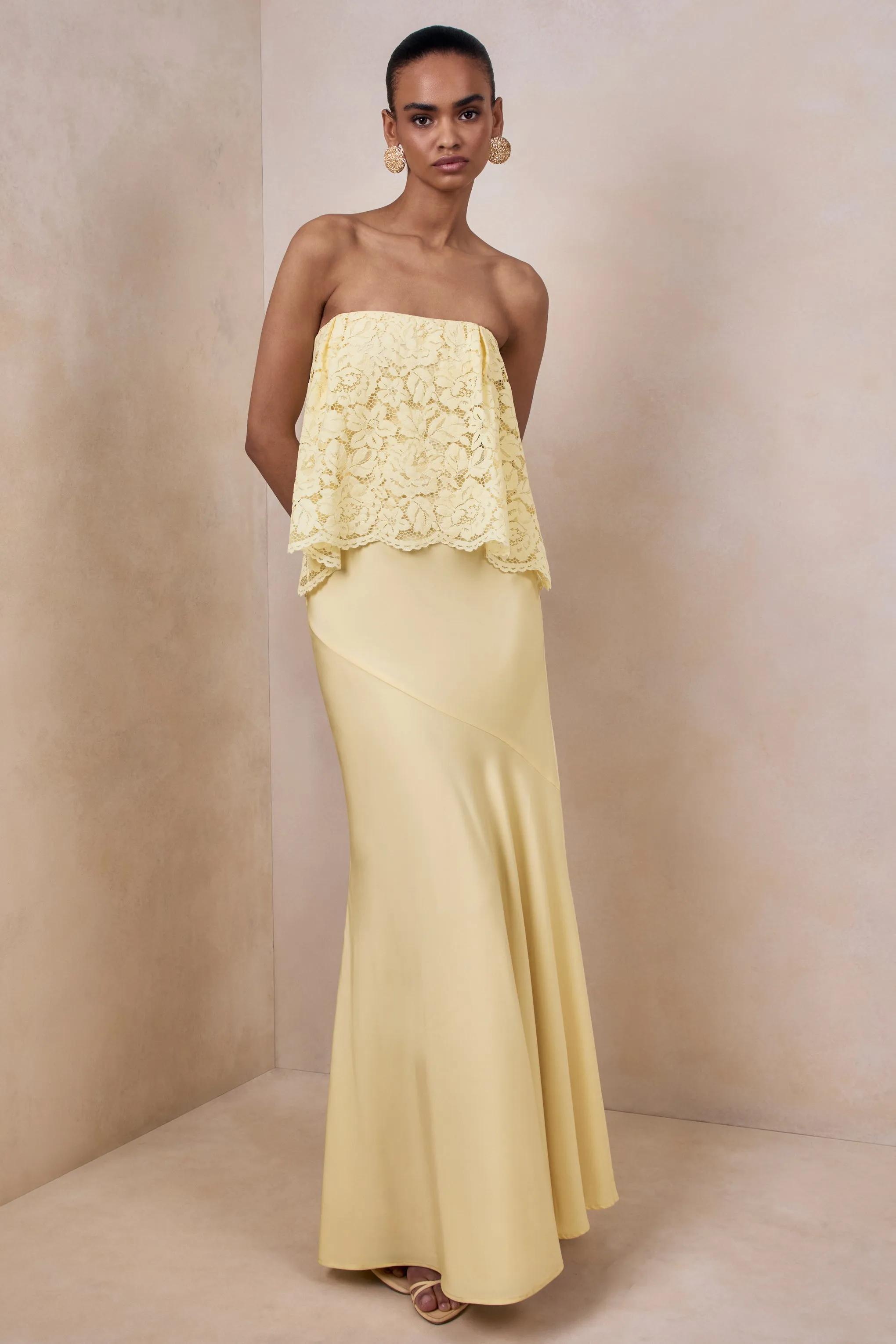 Clemency | Lemon Lace And Matte Satin Bandeau Maxi Dress sold by Club L London product image thumbnail 4