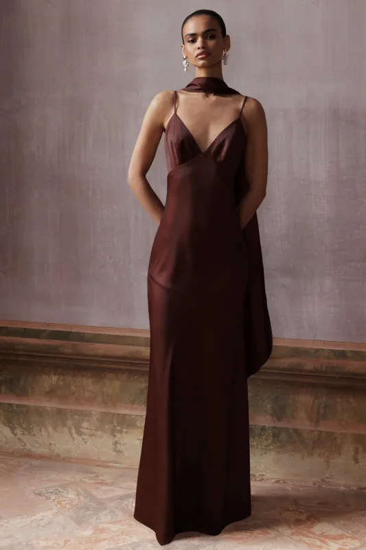 Starling | Brown Matte Satin Plunge-Neck Maxi Dress With Scarf-Detail made by Club L London