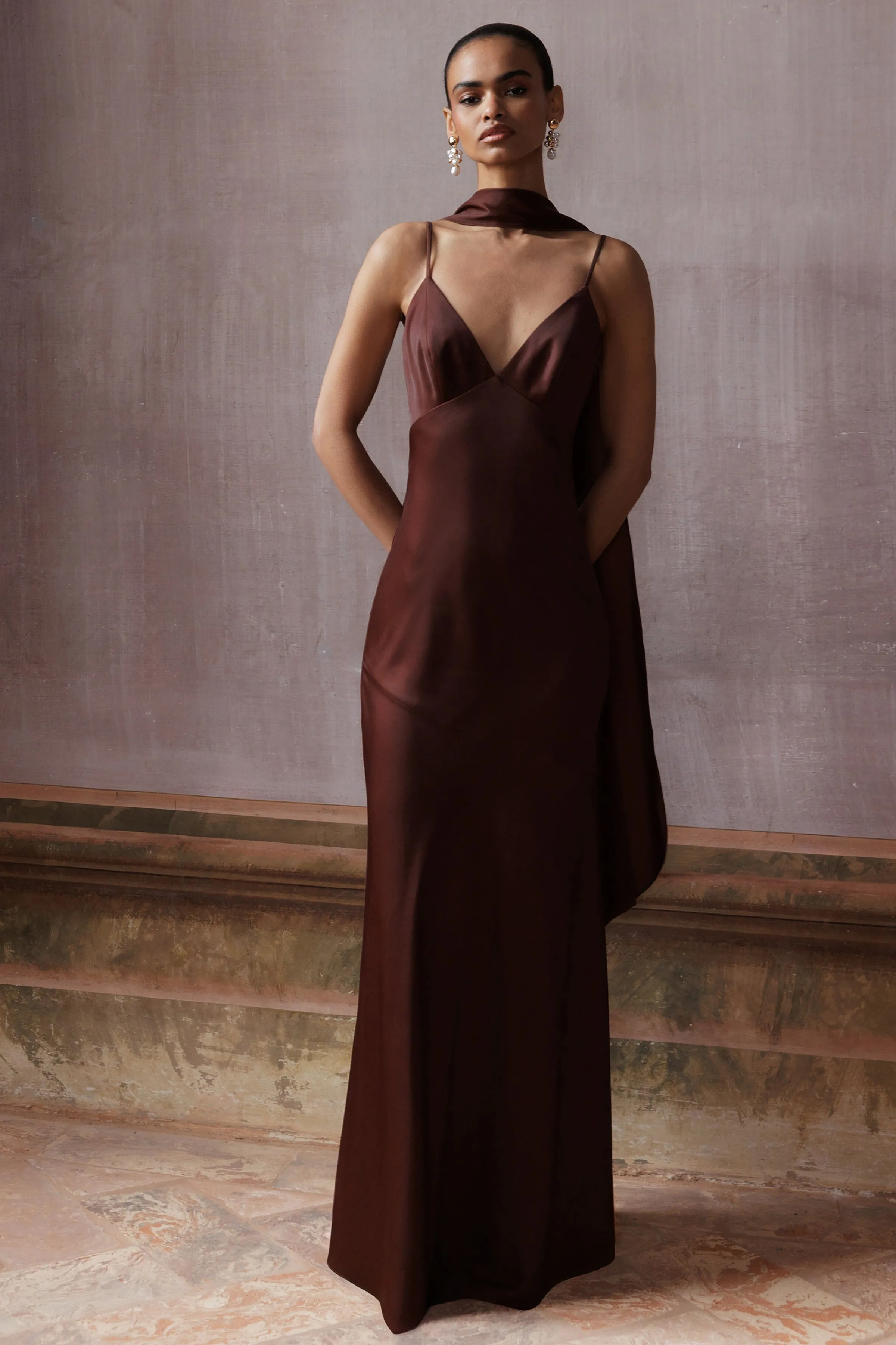 Starling | Brown Matte Satin Plunge-Neck Maxi Dress With Scarf-Detail sold by Club L London