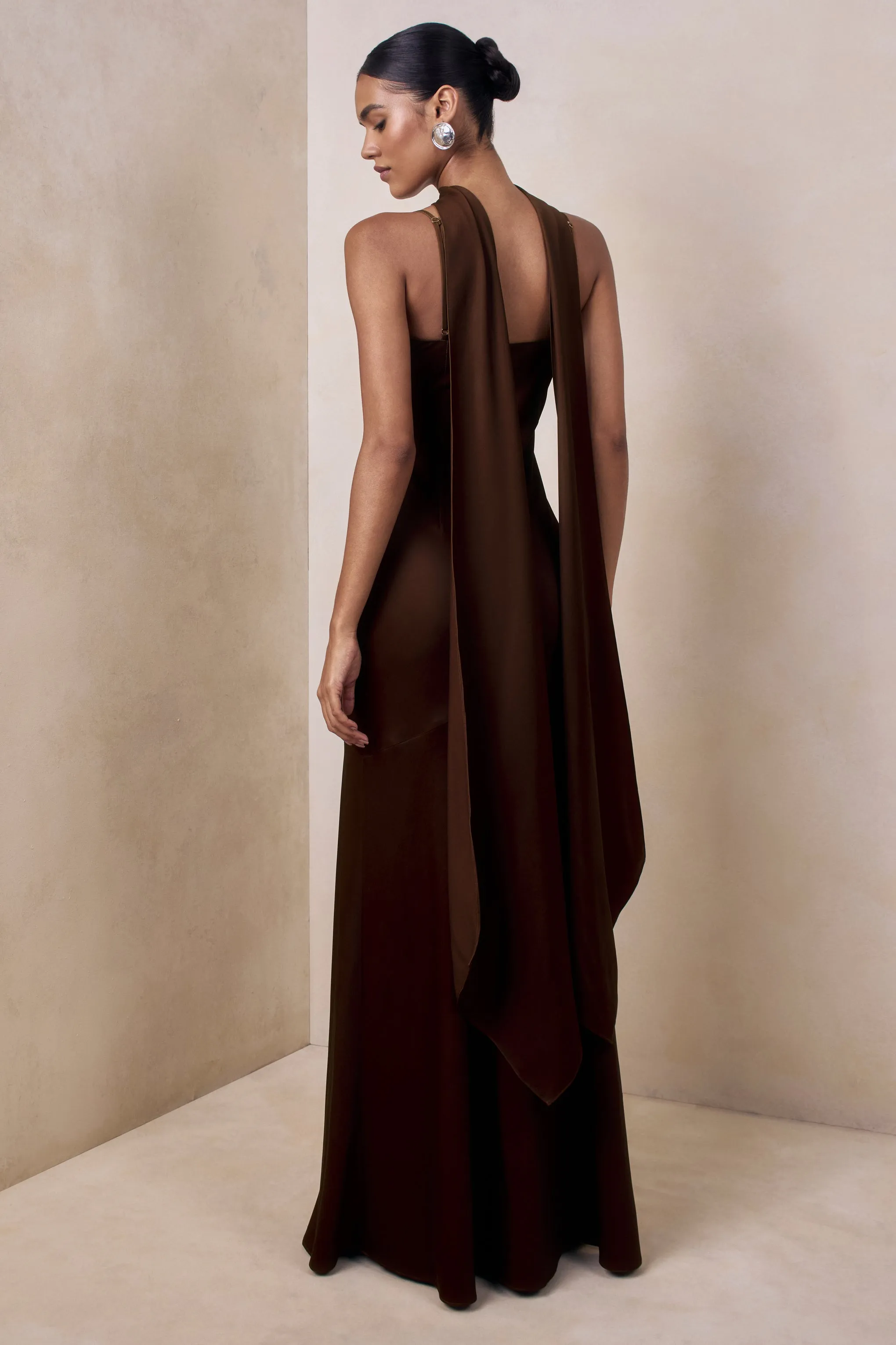 Starling | Brown Matte Satin Plunge-Neck Maxi Dress With Scarf-Detail sold by Club L London product image thumbnail 3