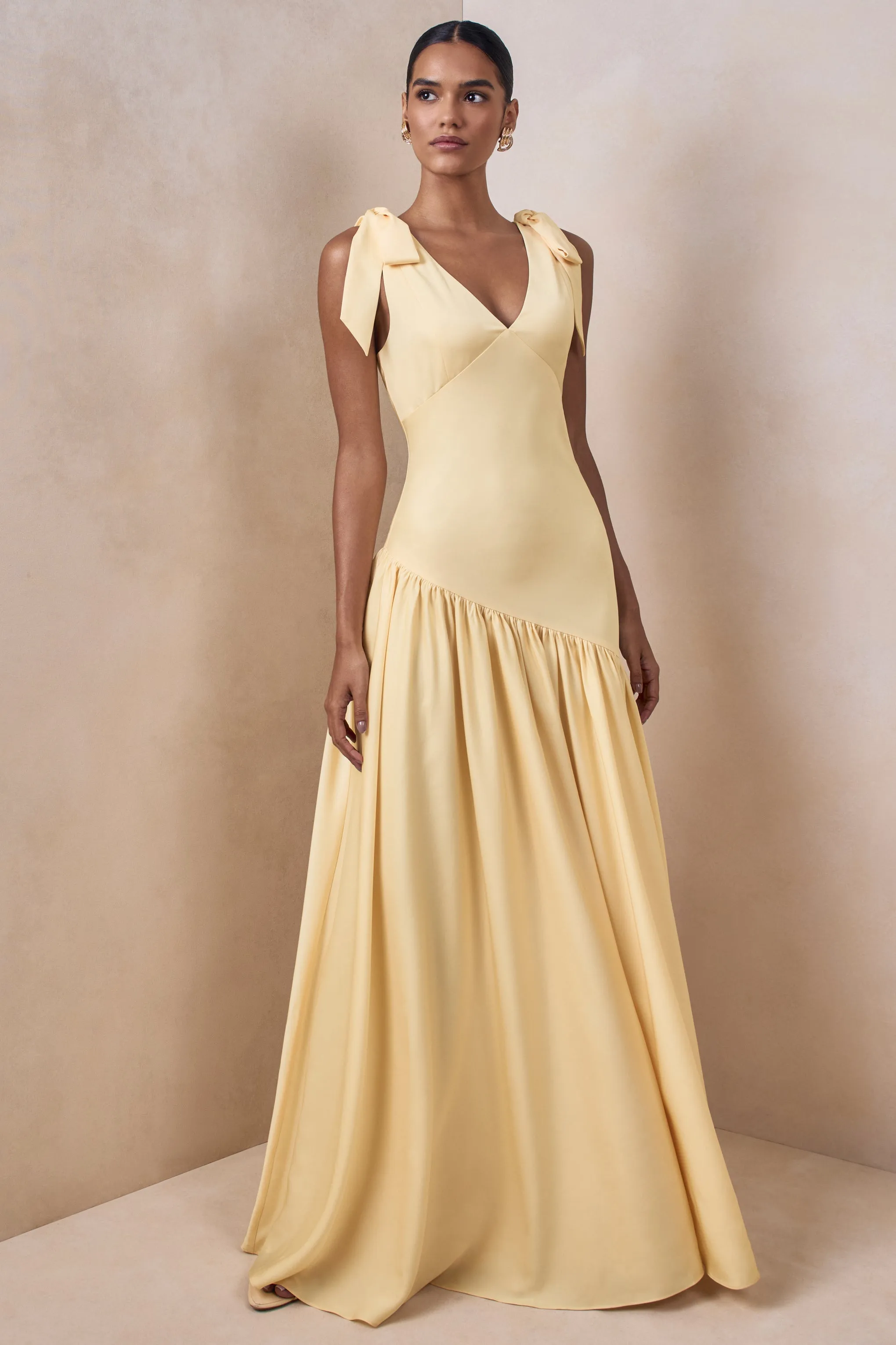 Cala | Lemon Matte Satin Plunge-Neck Maxi Dress With Bow-Sleeves sold by Club L London product image thumbnail 5