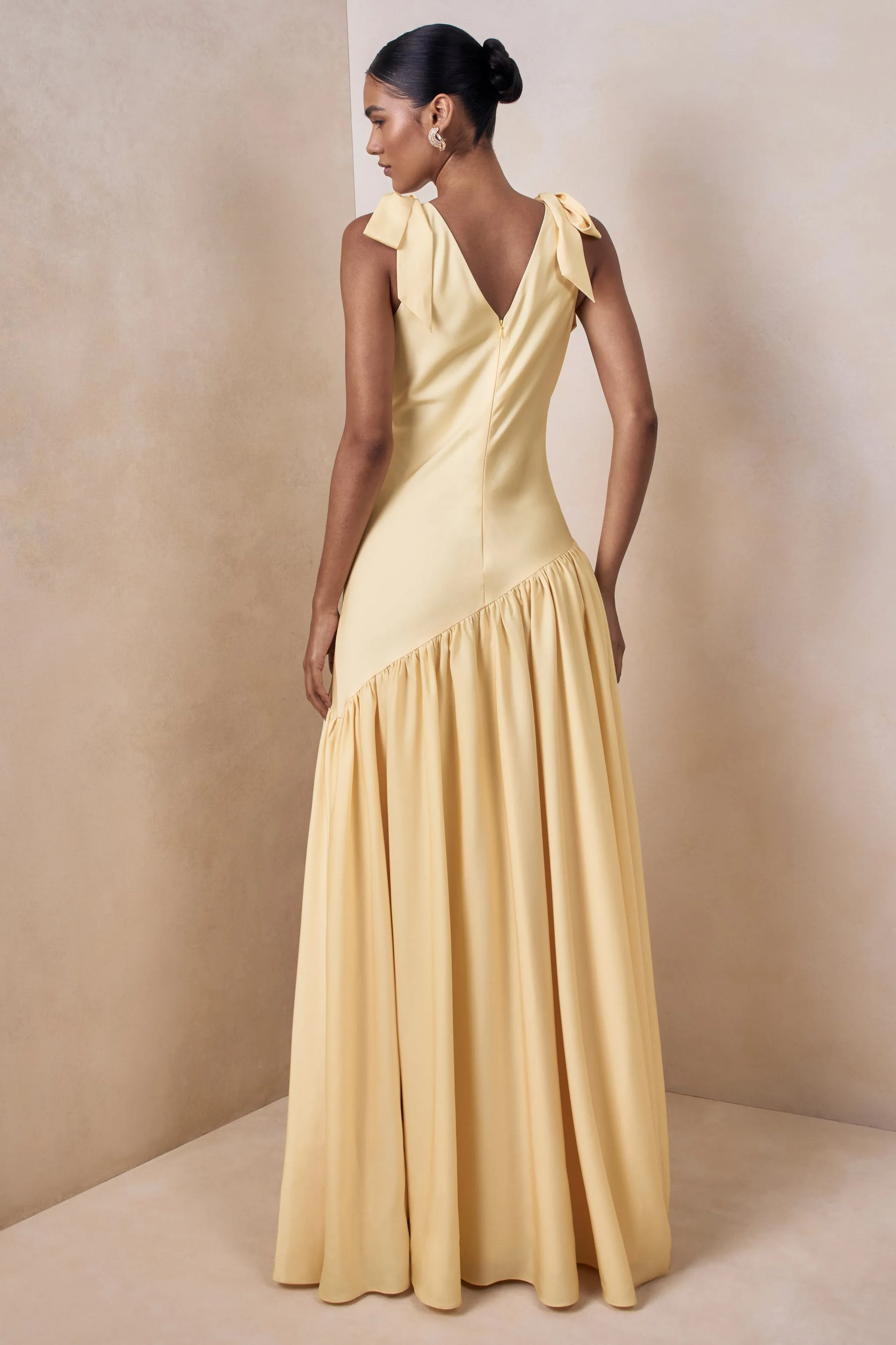 Cala | Lemon Matte Satin Plunge-Neck Maxi Dress With Bow-Sleeves sold by Club L London product image thumbnail 2