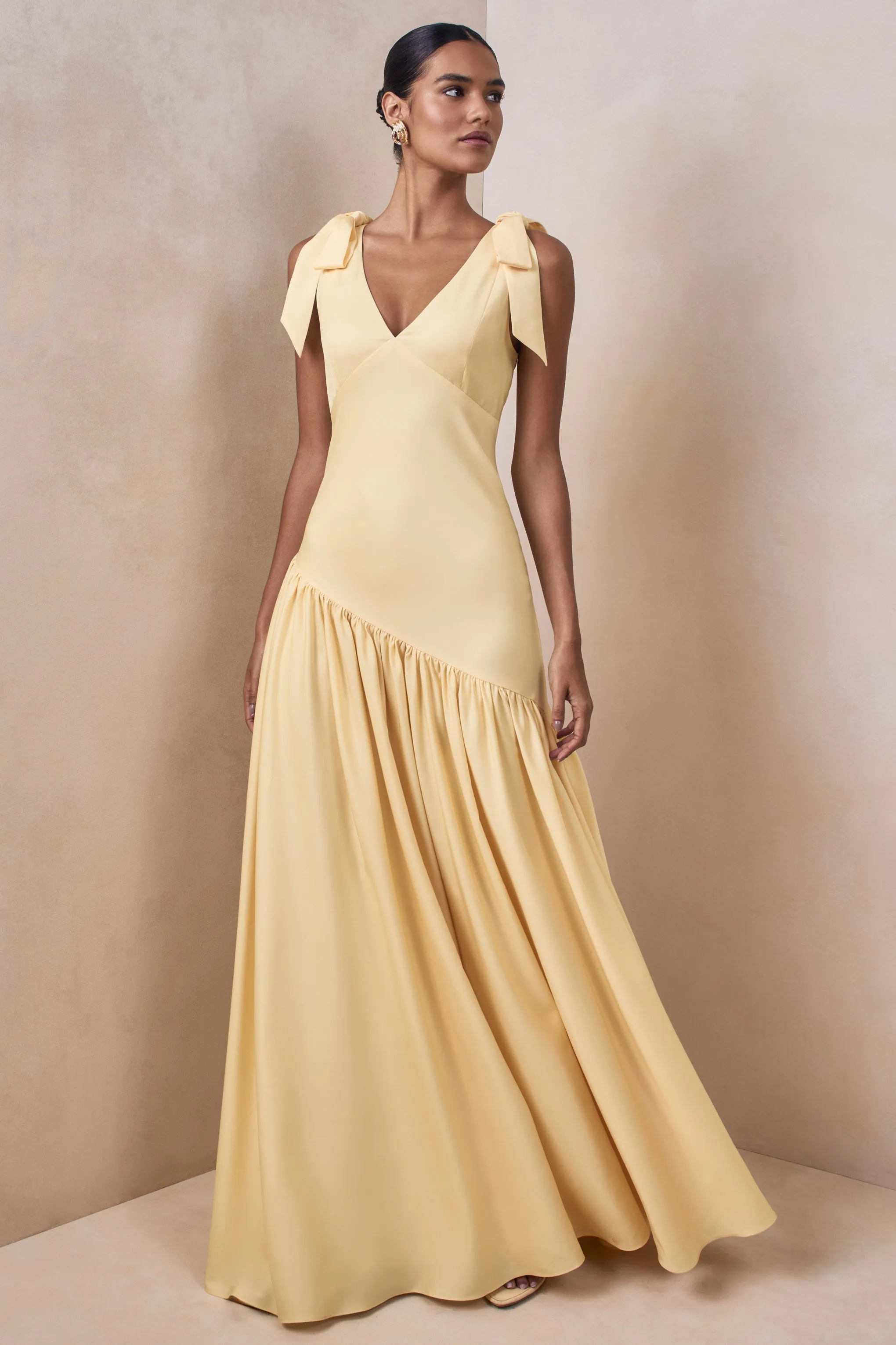 Cala | Lemon Matte Satin Plunge-Neck Maxi Dress With Bow-Sleeves sold by Club L London product image thumbnail 4