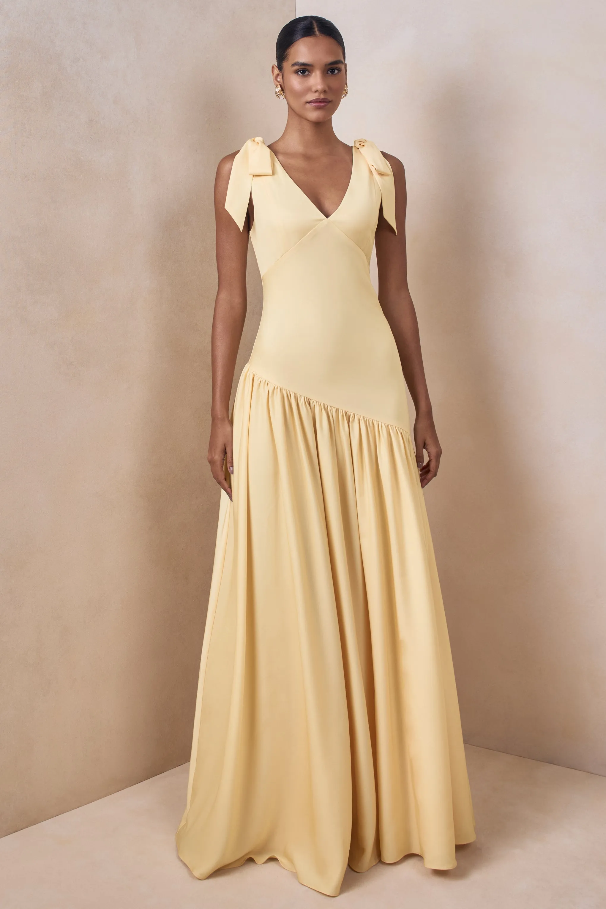 Cala | Lemon Matte Satin Plunge-Neck Maxi Dress With Bow-Sleeves sold by Club L London