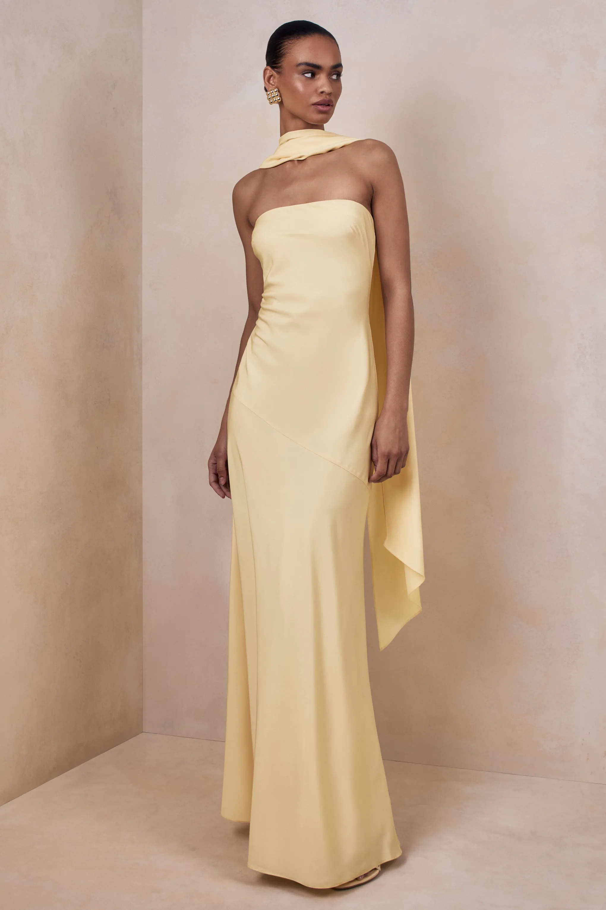 Charly | Lemon Matte Satin Bandeau Maxi Dress With Scarf-Detail sold by Club L London product image thumbnail 2
