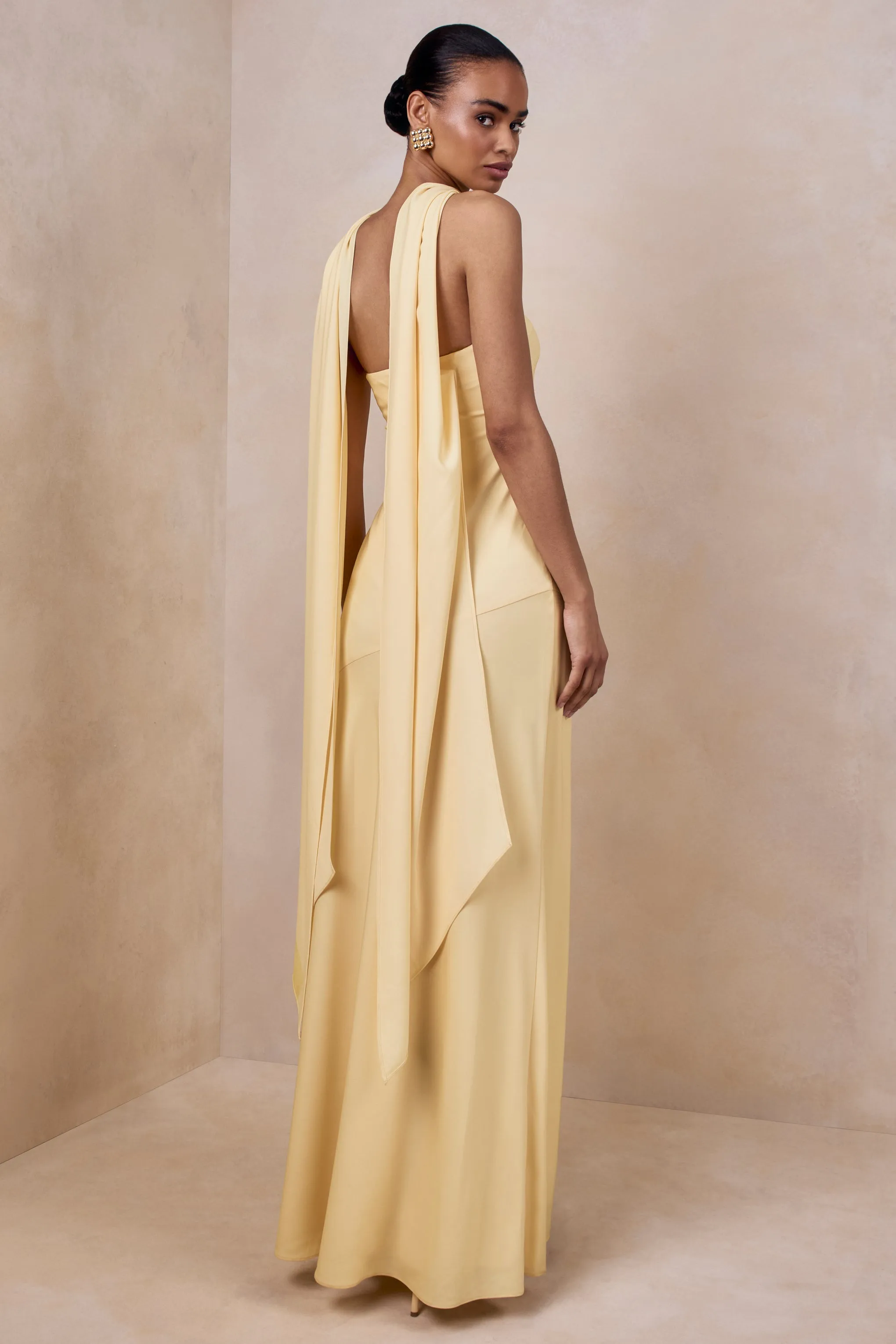 Charly | Lemon Matte Satin Bandeau Maxi Dress With Scarf-Detail sold by Club L London