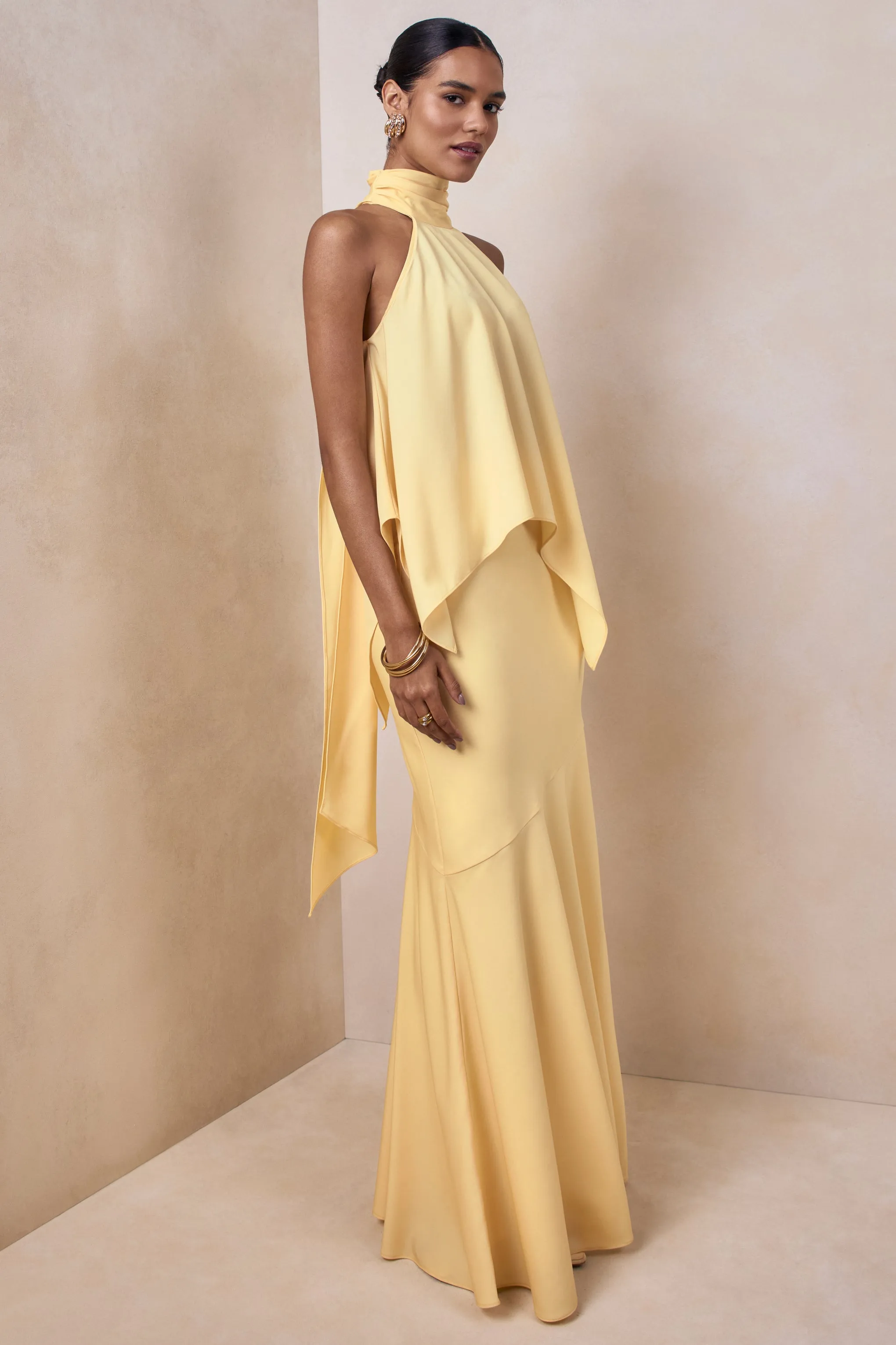 Vayla | Lemon Matte Satin Asymmetric Drop-Waist Maxi Skirt sold by Club L London product image thumbnail 5