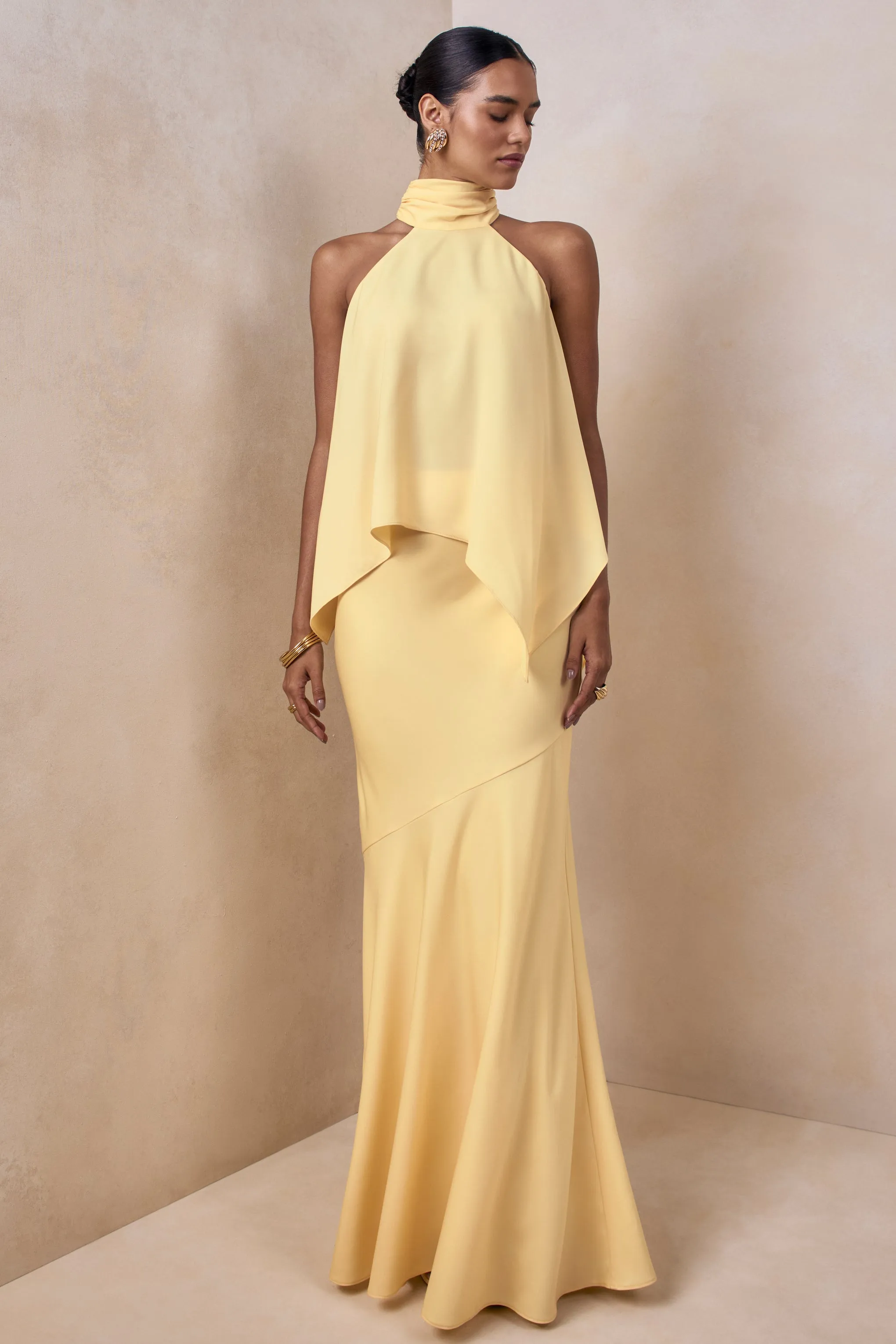 Vayla | Lemon Matte Satin Asymmetric Drop-Waist Maxi Skirt sold by Club L London