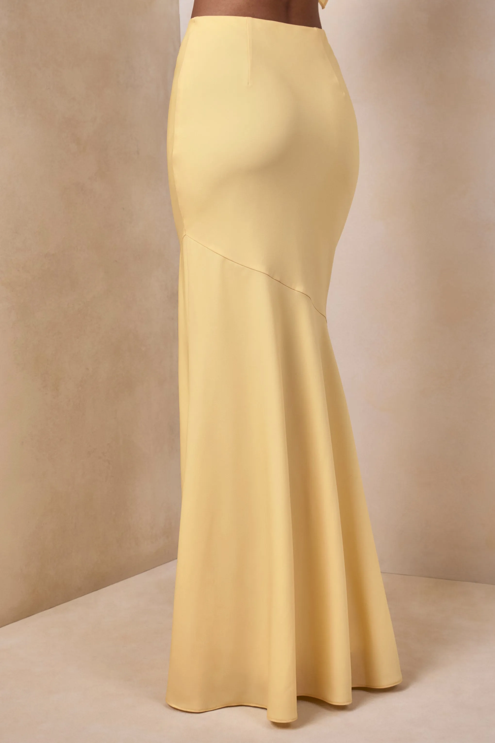 Vayla | Lemon Matte Satin Asymmetric Drop-Waist Maxi Skirt sold by Club L London product image thumbnail 4