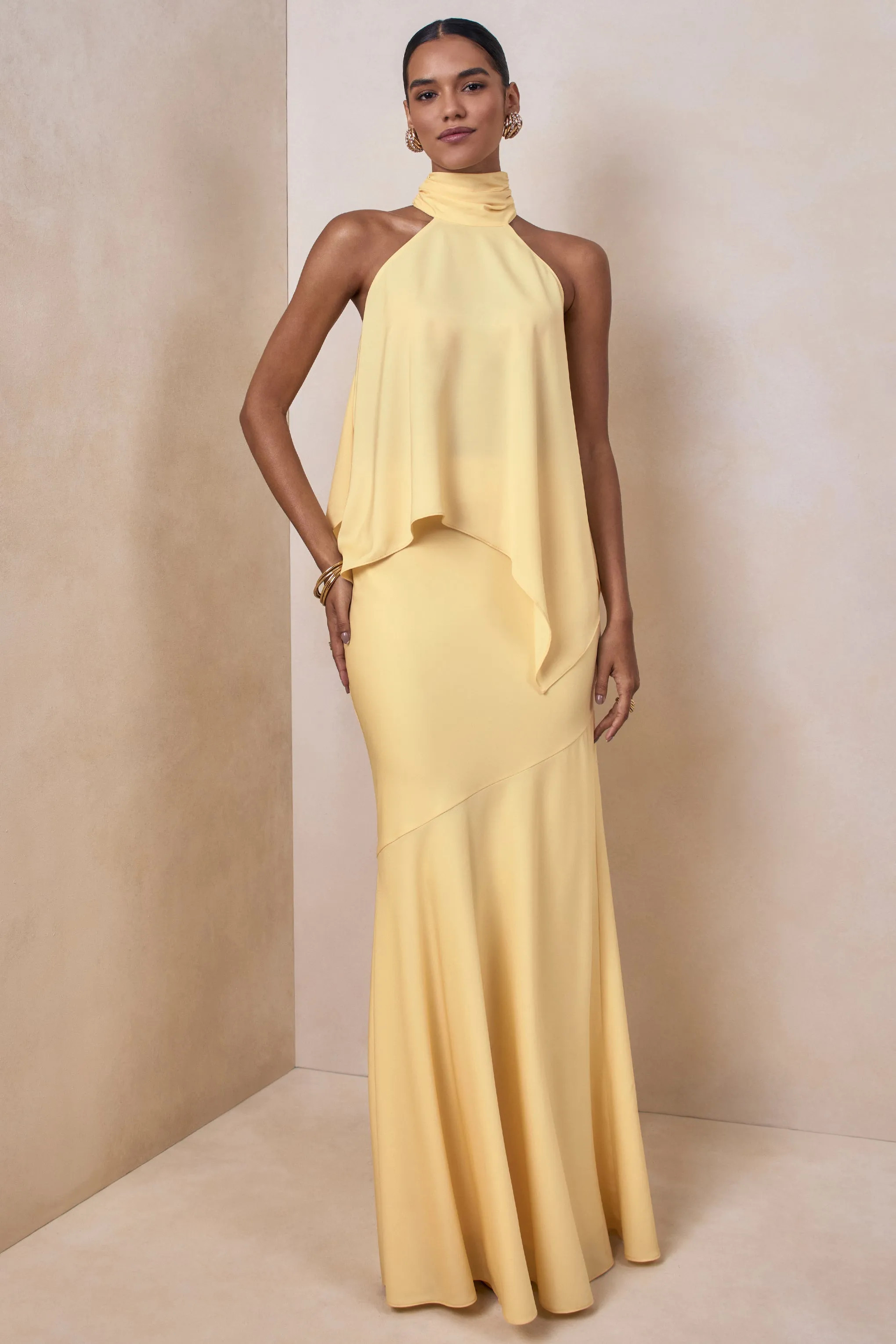 Vayla | Lemon Matte Satin Asymmetric Drop-Waist Maxi Skirt sold by Club L London product image thumbnail 2