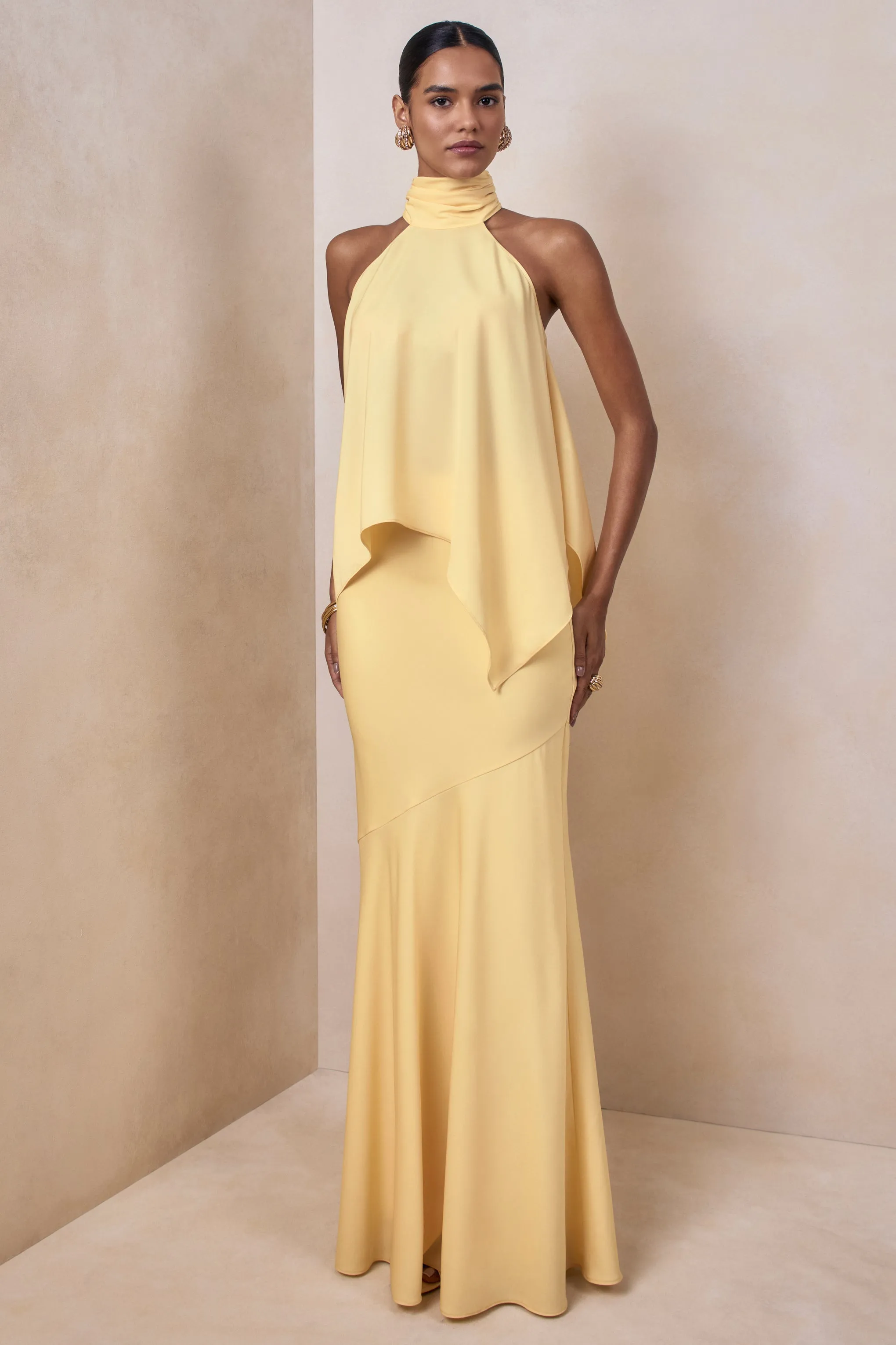 Vayla | Lemon Matte Satin Asymmetric Drop-Waist Maxi Skirt sold by Club L London product image thumbnail 3