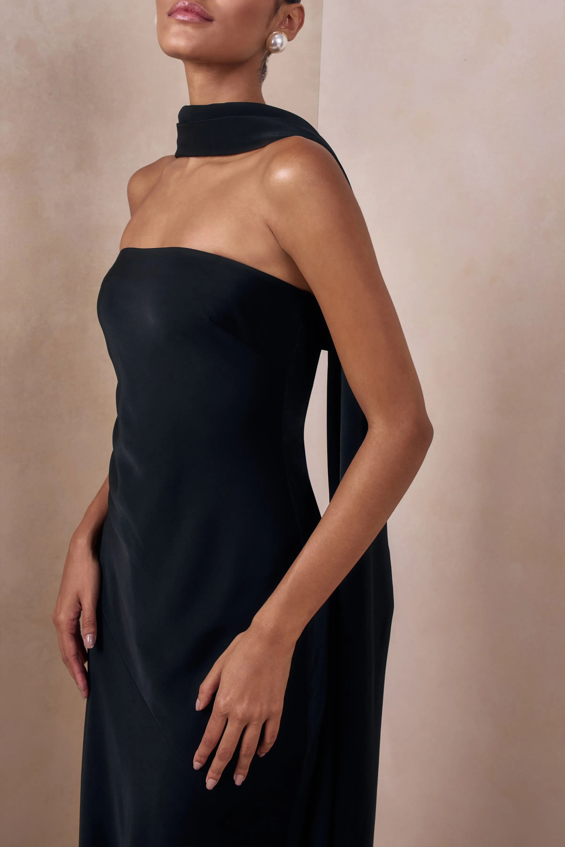 Charly | Black Matte Satin Bandeau Maxi Dress With Scarf-Detail sold by Club L London product image thumbnail 3