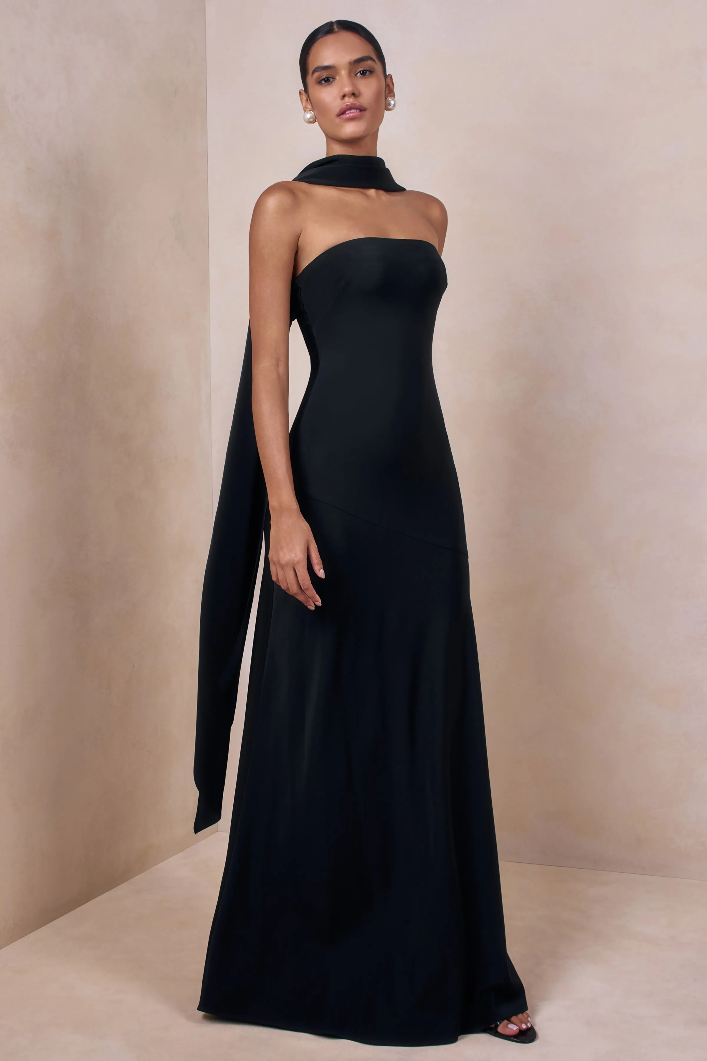 Charly | Black Matte Satin Bandeau Maxi Dress With Scarf-Detail sold by Club L London product image thumbnail 5