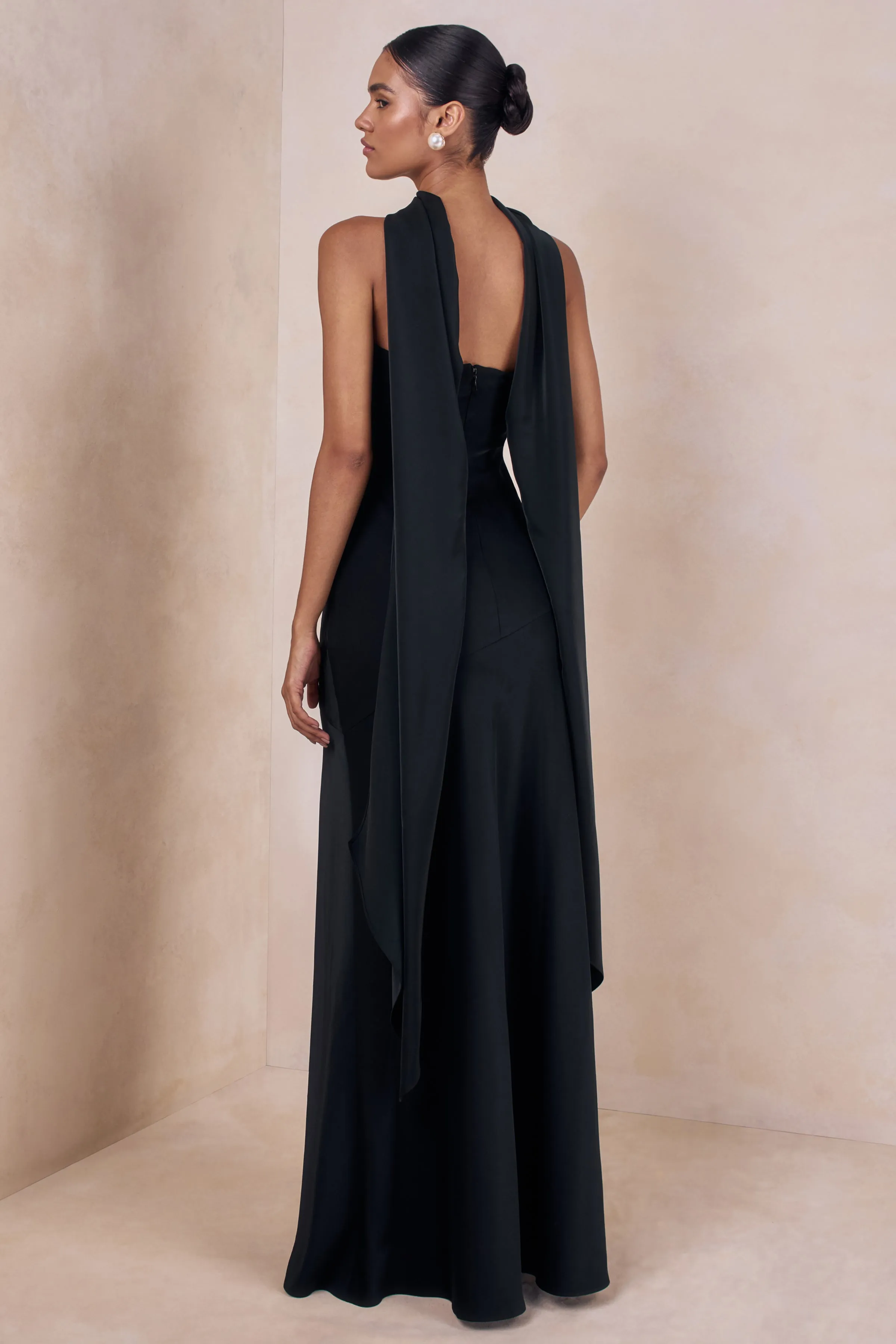 Charly | Black Matte Satin Bandeau Maxi Dress With Scarf-Detail sold by Club L London