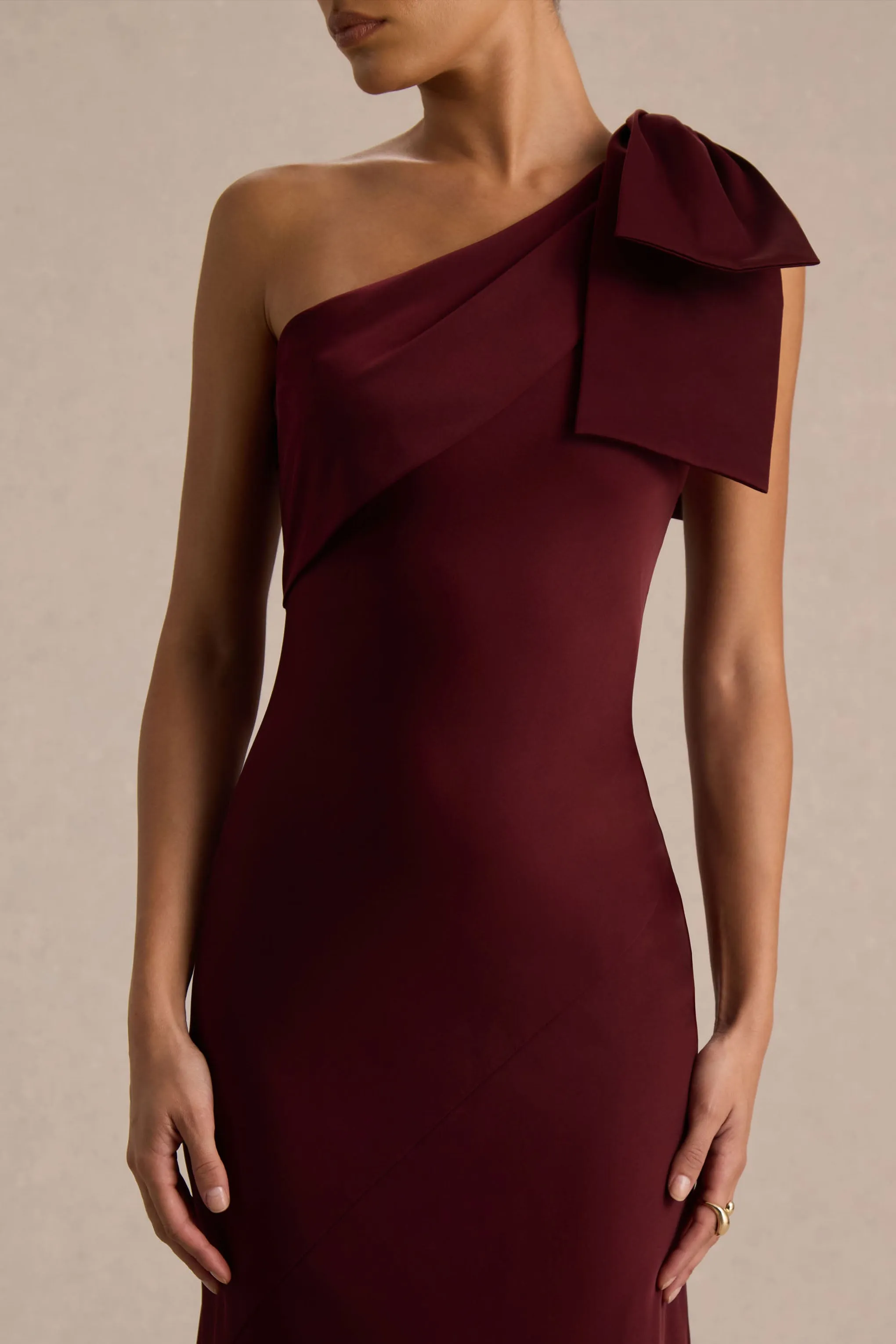 Josephine | Burgundy Matte Satin Asymmetric-Neck Maxi Dress With Bow Detail sold by Club L London product image thumbnail 3