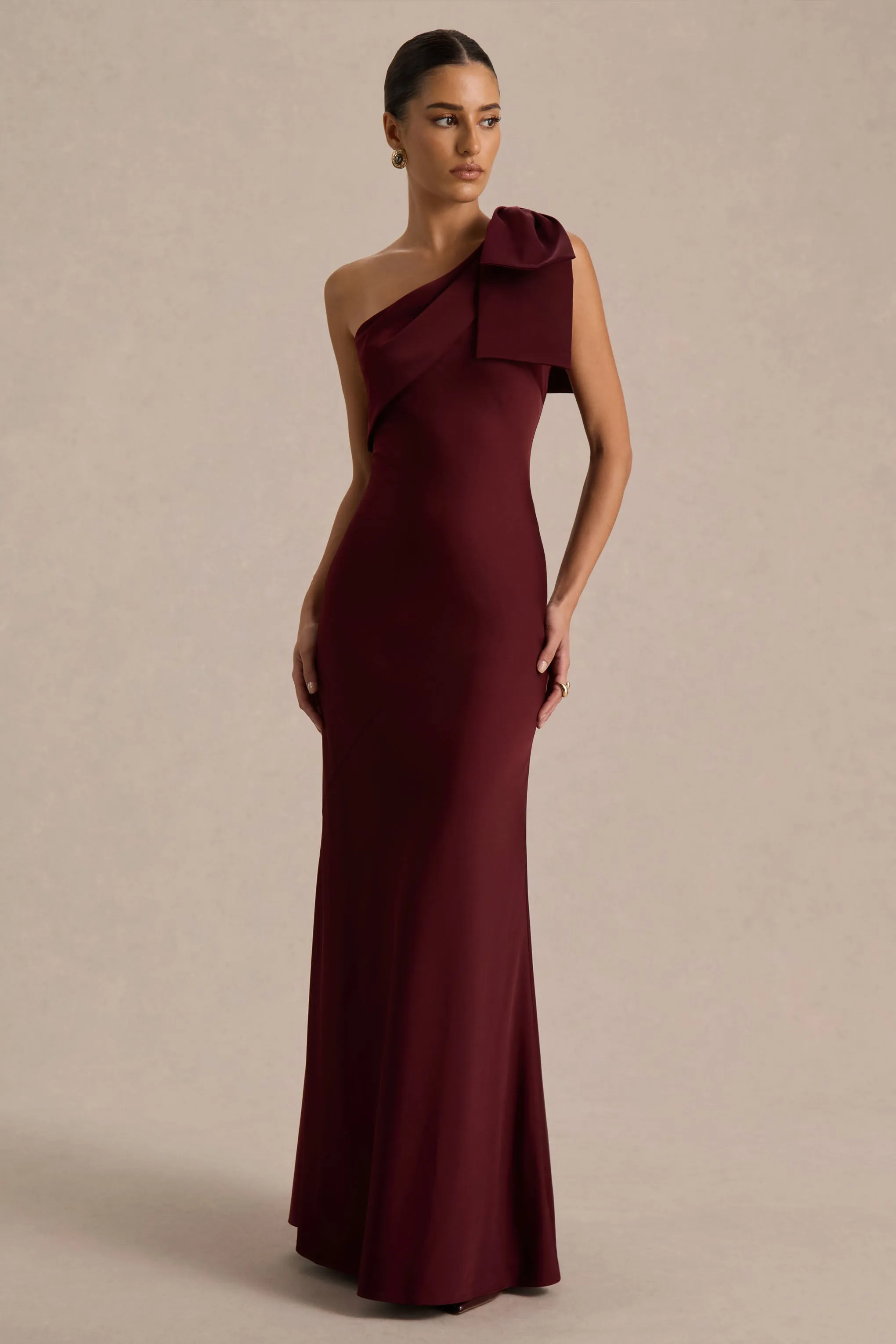 Josephine | Burgundy Matte Satin Asymmetric-Neck Maxi Dress With Bow Detail sold by Club L London product image thumbnail 4