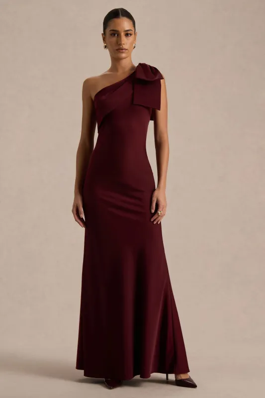 Josephine | Burgundy Matte Satin Asymmetric-Neck Maxi Dress With Bow Detail made by Club L London