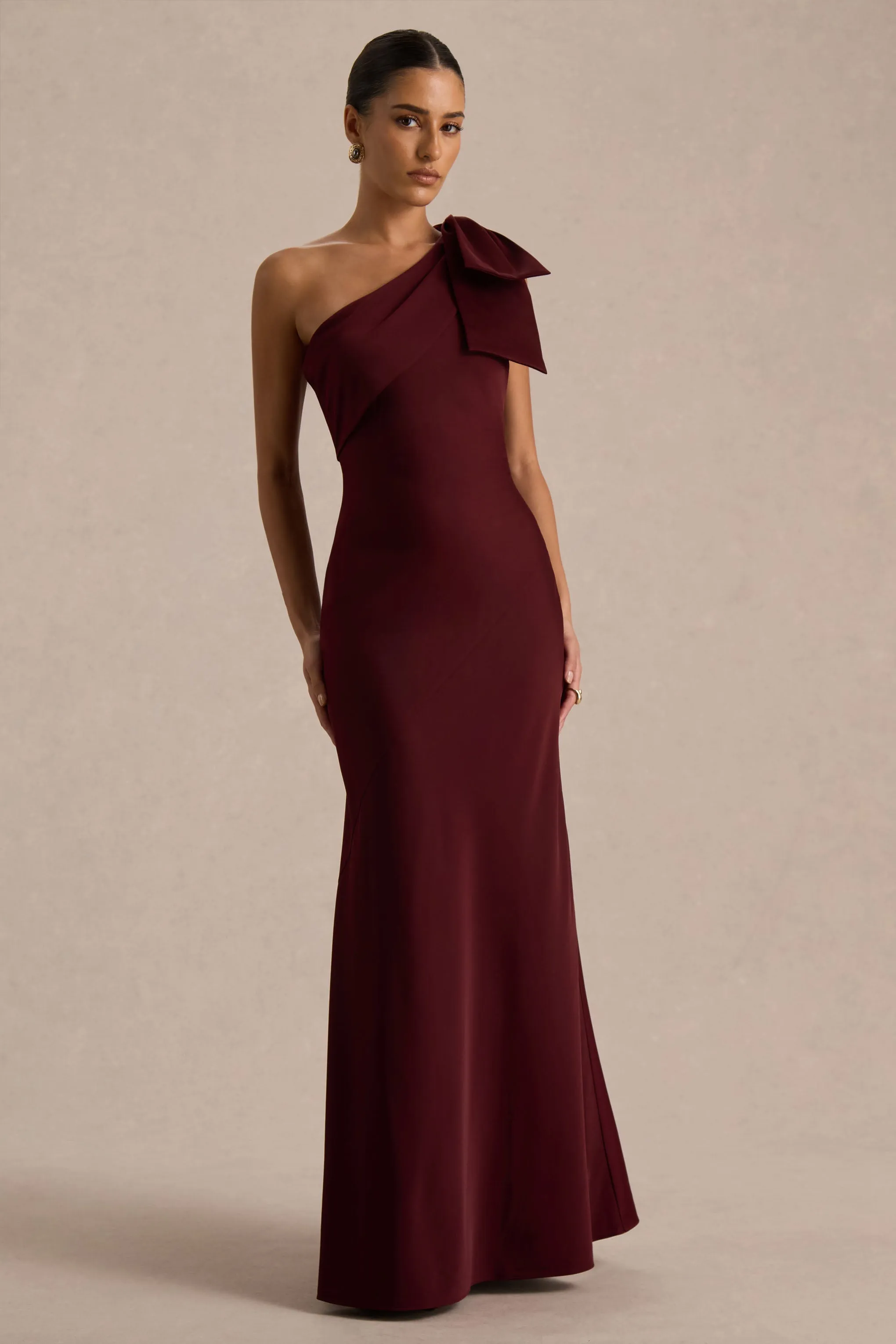 Josephine | Burgundy Matte Satin Asymmetric-Neck Maxi Dress With Bow Detail sold by Club L London product image thumbnail 5