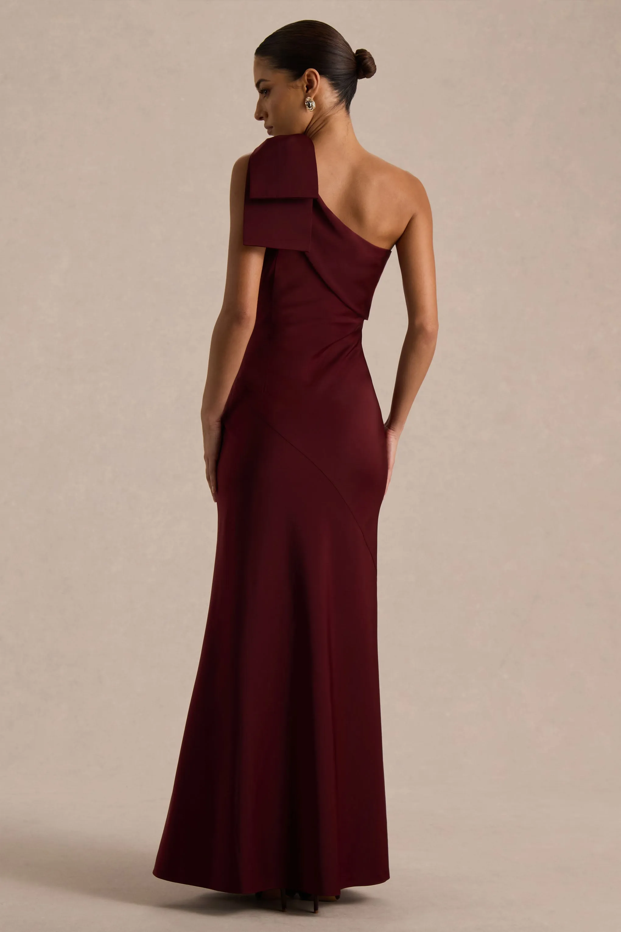 Josephine | Burgundy Matte Satin Asymmetric-Neck Maxi Dress With Bow Detail sold by Club L London product image thumbnail 2