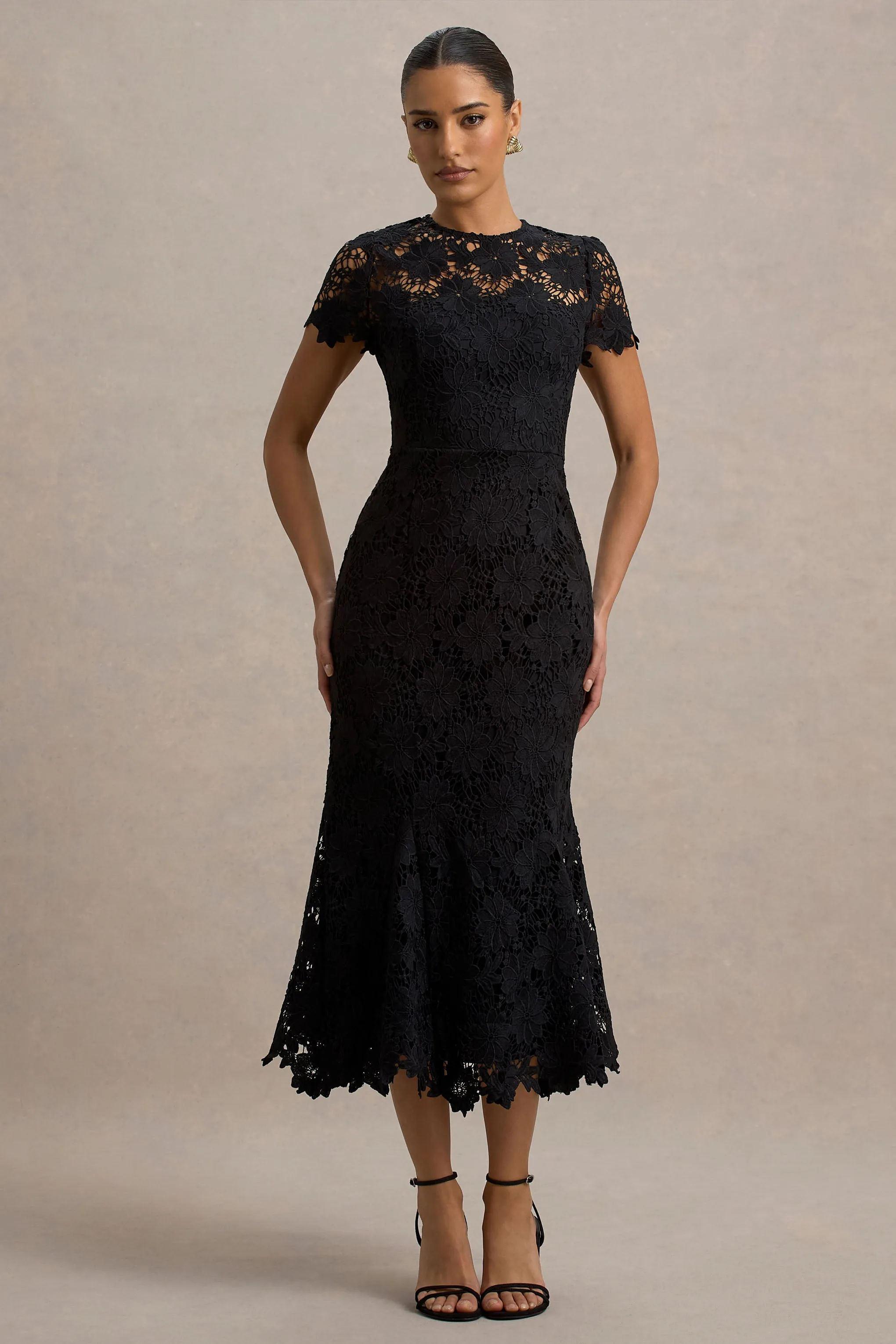 Clarissa | Black Lace Short-Sleeve Midi Dress sold by Club L London