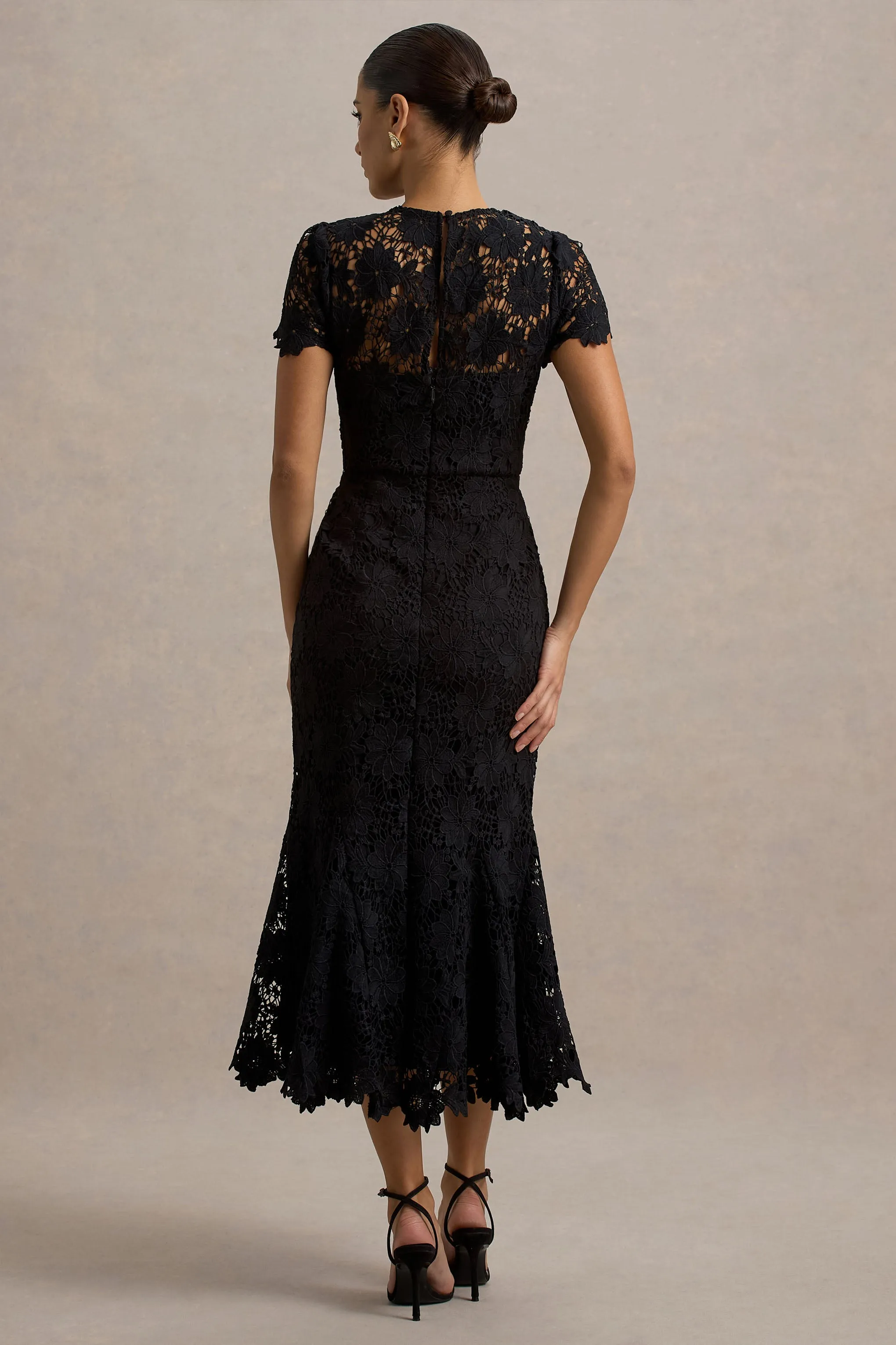 Clarissa | Black Lace Short-Sleeve Midi Dress sold by Club L London product image thumbnail 2