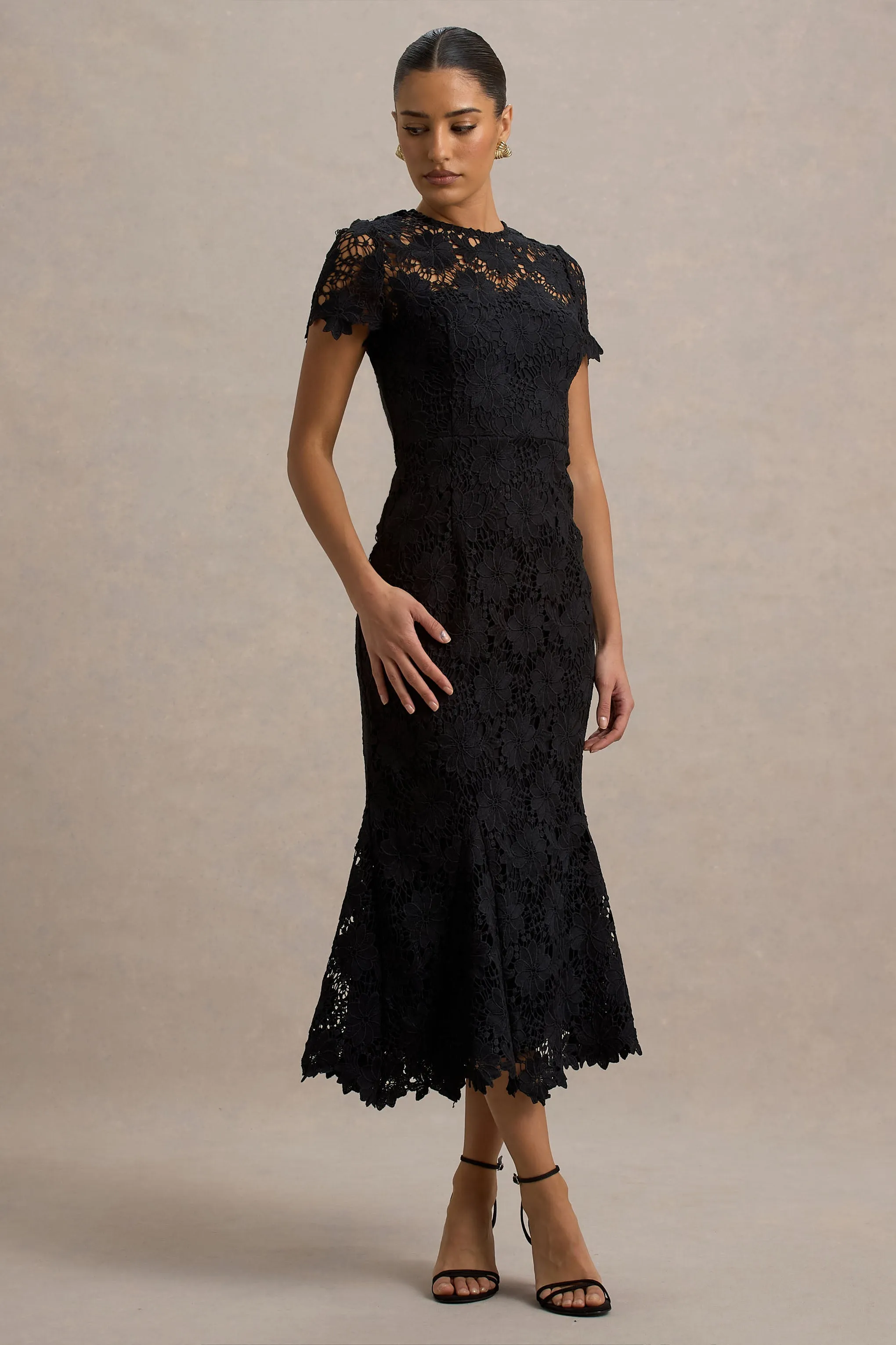 Clarissa | Black Lace Short-Sleeve Midi Dress sold by Club L London product image thumbnail 4