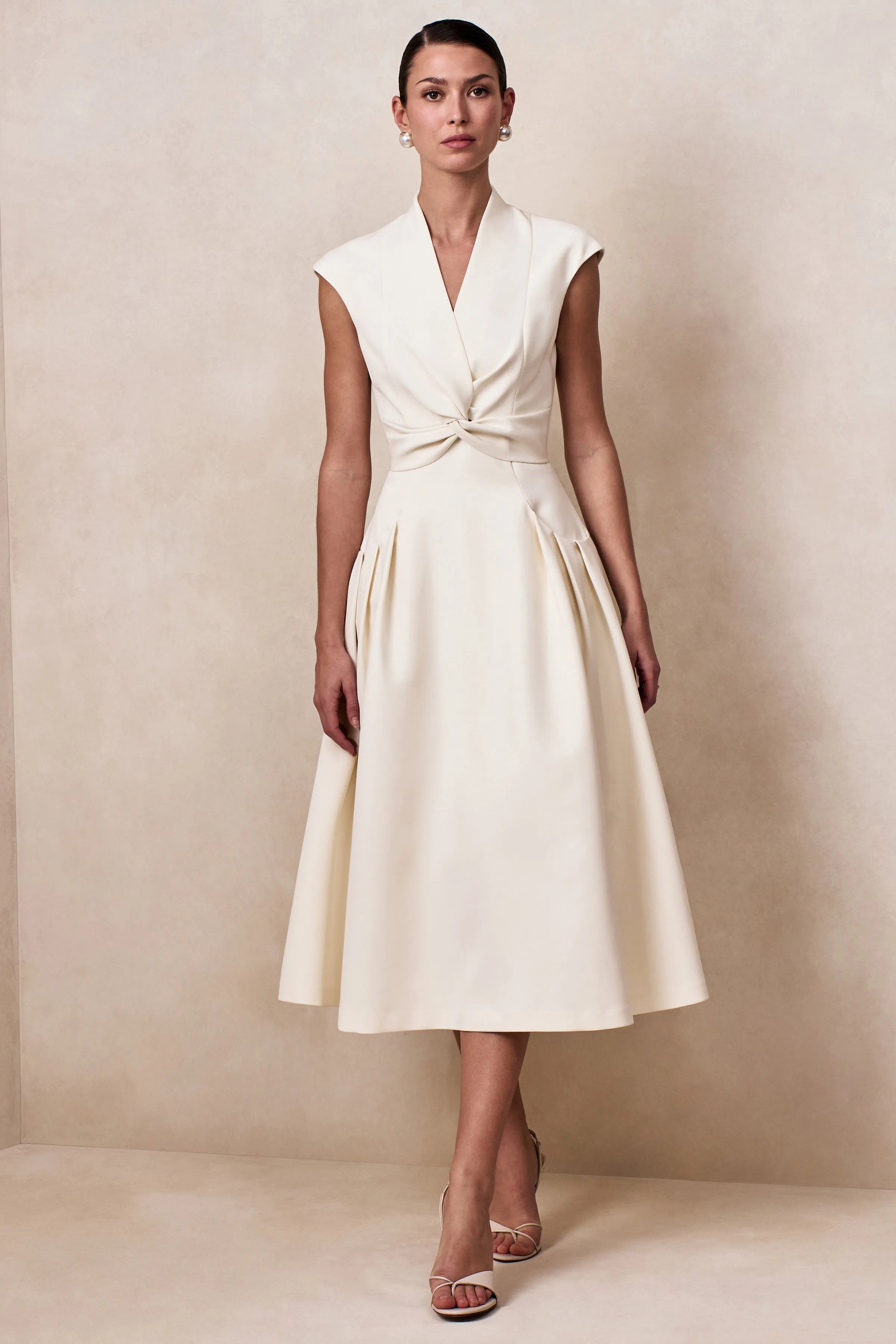 Kylen | White V-Neck Midi Dress sold by Club L London