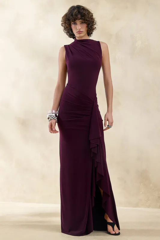 Helessia | Dark Plum Asymmetric-Neck Maxi Dress With Gathered-Detailing And Sash made by Club L London