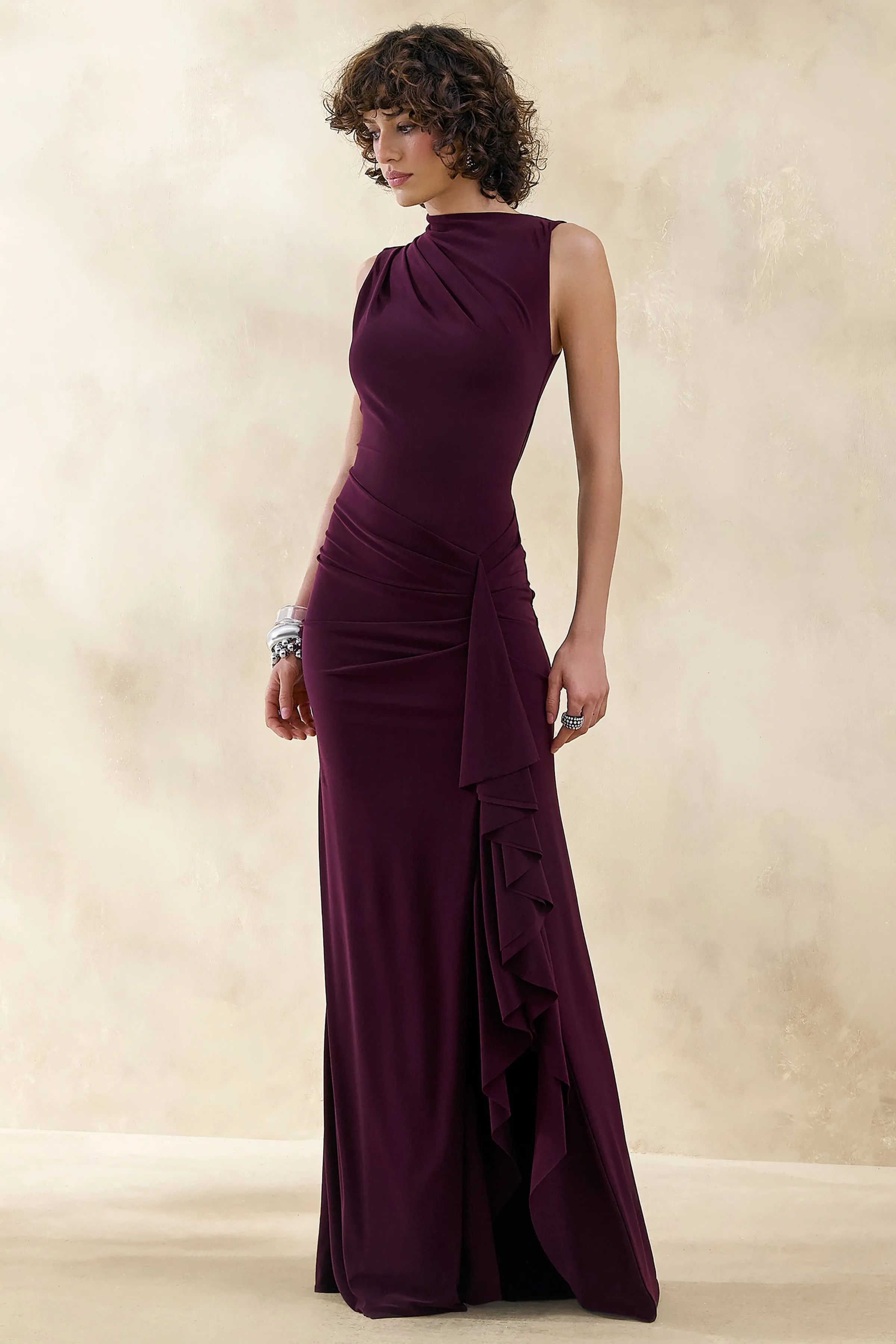 Helessia | Dark Plum Asymmetric-Neck Maxi Dress With Gathered-Detailing And Sash sold by Club L London product image thumbnail 5