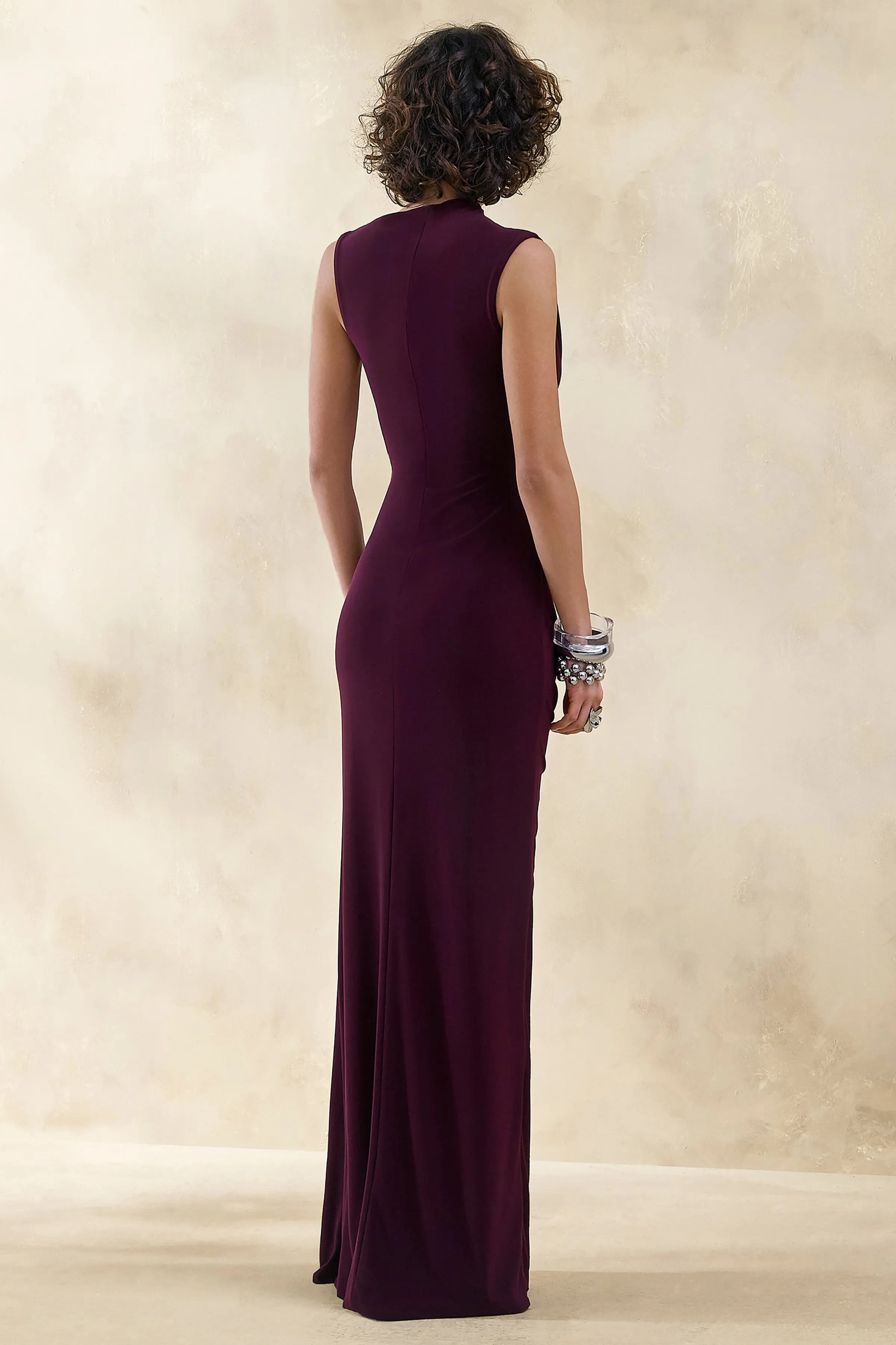 Helessia | Dark Plum Asymmetric-Neck Maxi Dress With Gathered-Detailing And Sash sold by Club L London product image thumbnail 2