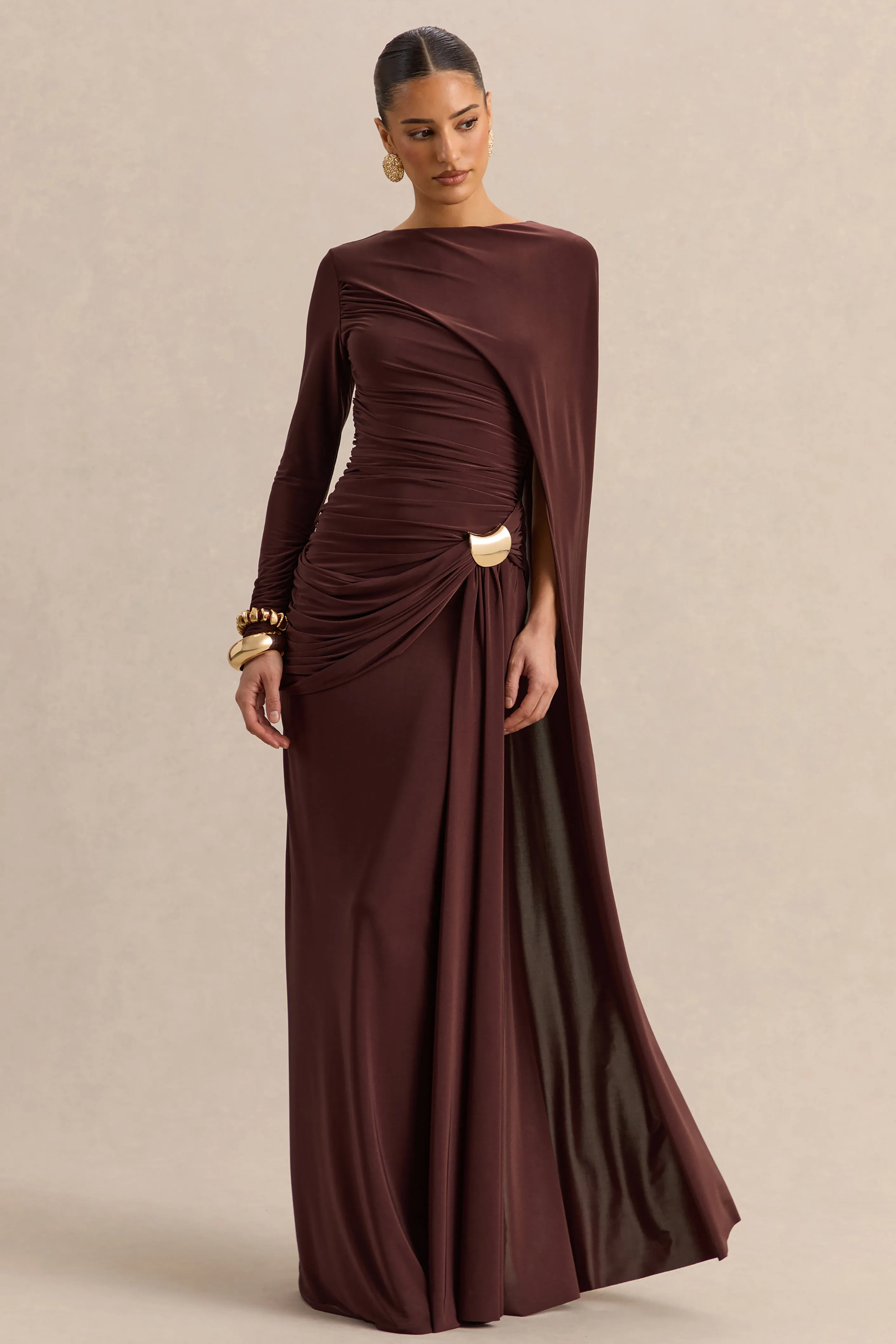 Orintha | Brown Slashed-Neck Maxi Dress With Cape And Gold-Detail sold by Club L London product image thumbnail 4
