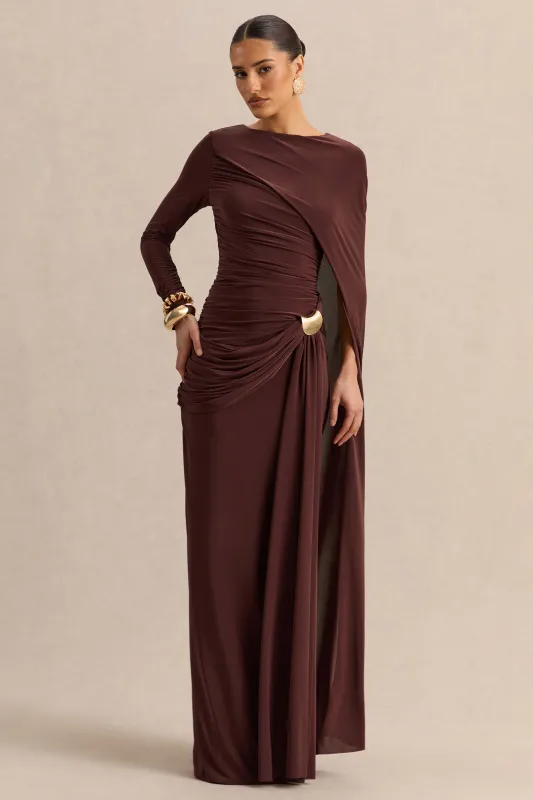 Orintha | Brown Slashed-Neck Maxi Dress With Cape And Gold-Detail made by Club L London