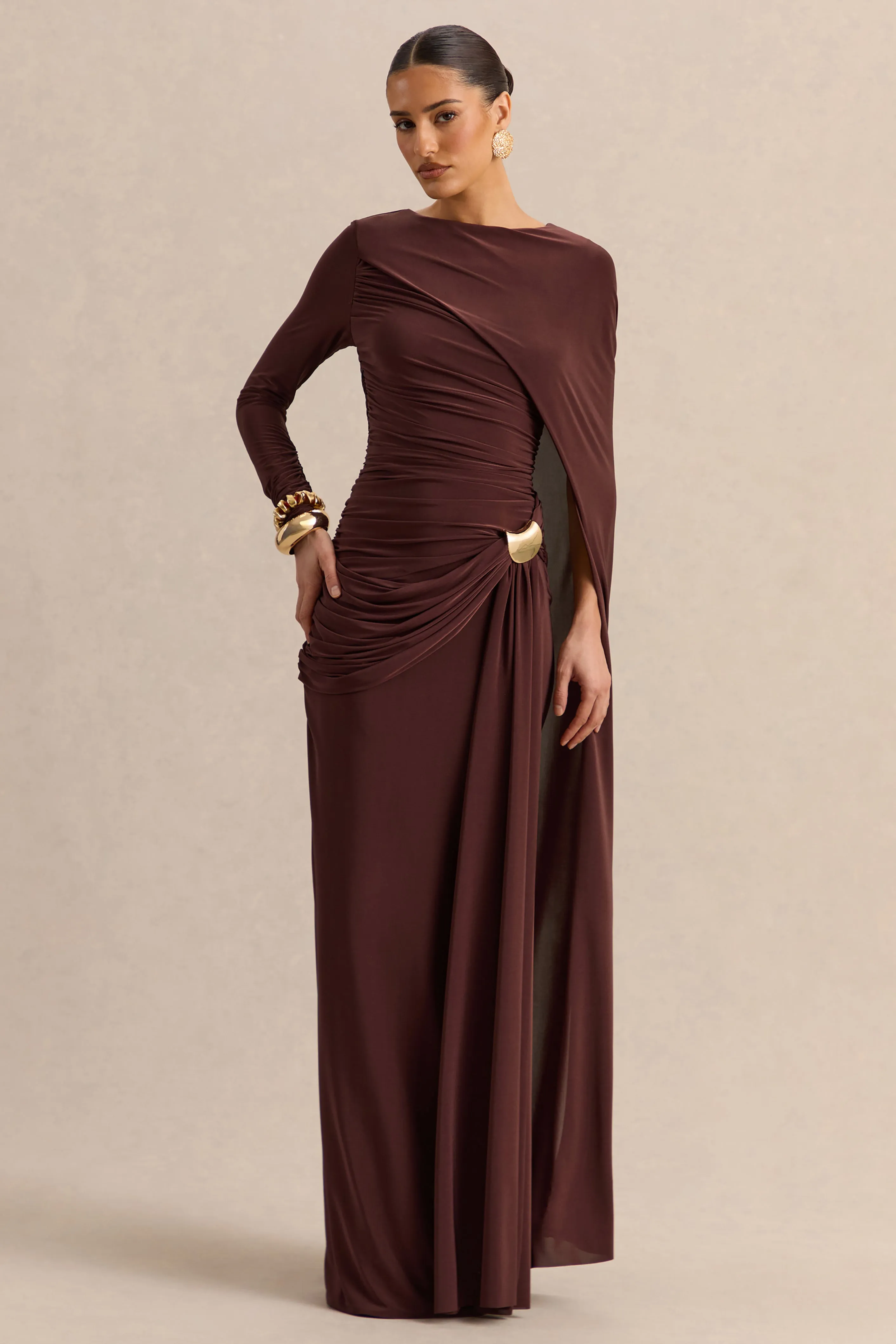 Orintha | Brown Slashed-Neck Maxi Dress With Cape And Gold-Detail sold by Club L London