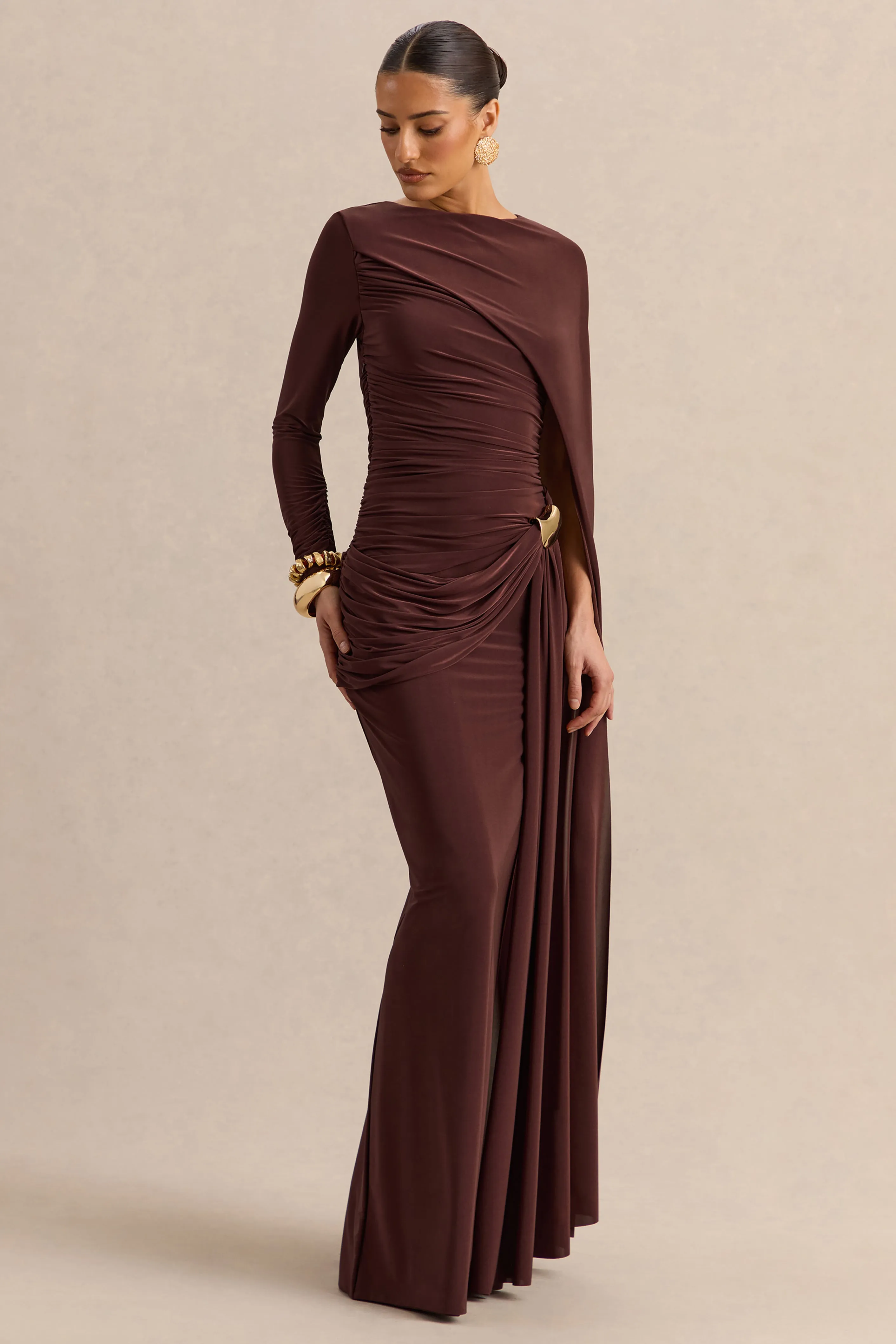 Orintha | Brown Slashed-Neck Maxi Dress With Cape And Gold-Detail sold by Club L London product image thumbnail 5