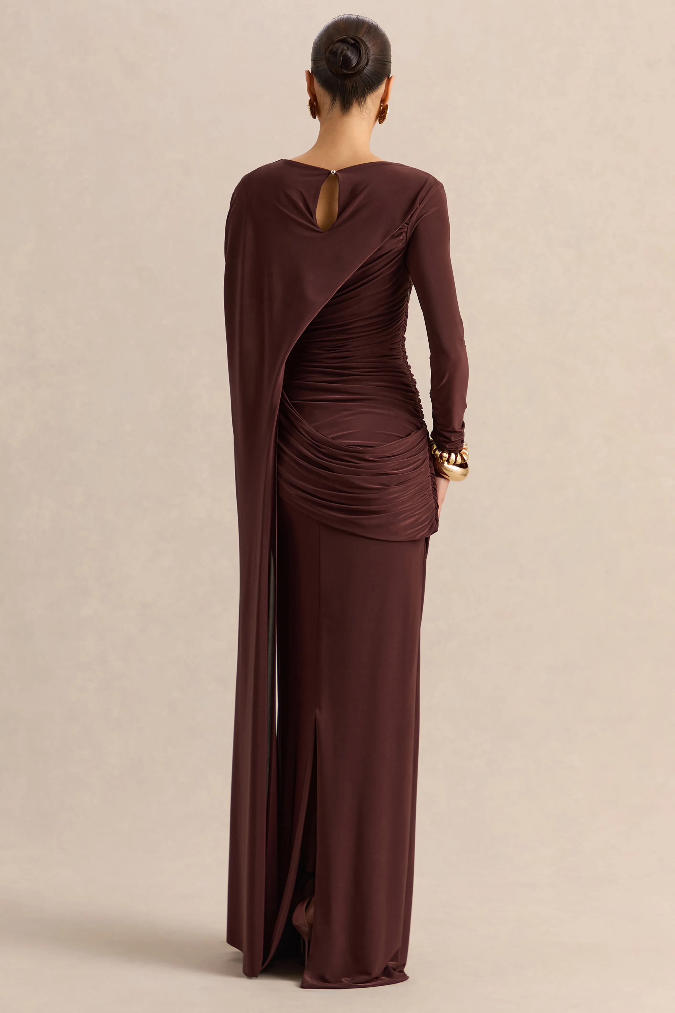 Orintha | Brown Slashed-Neck Maxi Dress With Cape And Gold-Detail sold by Club L London product image thumbnail 2