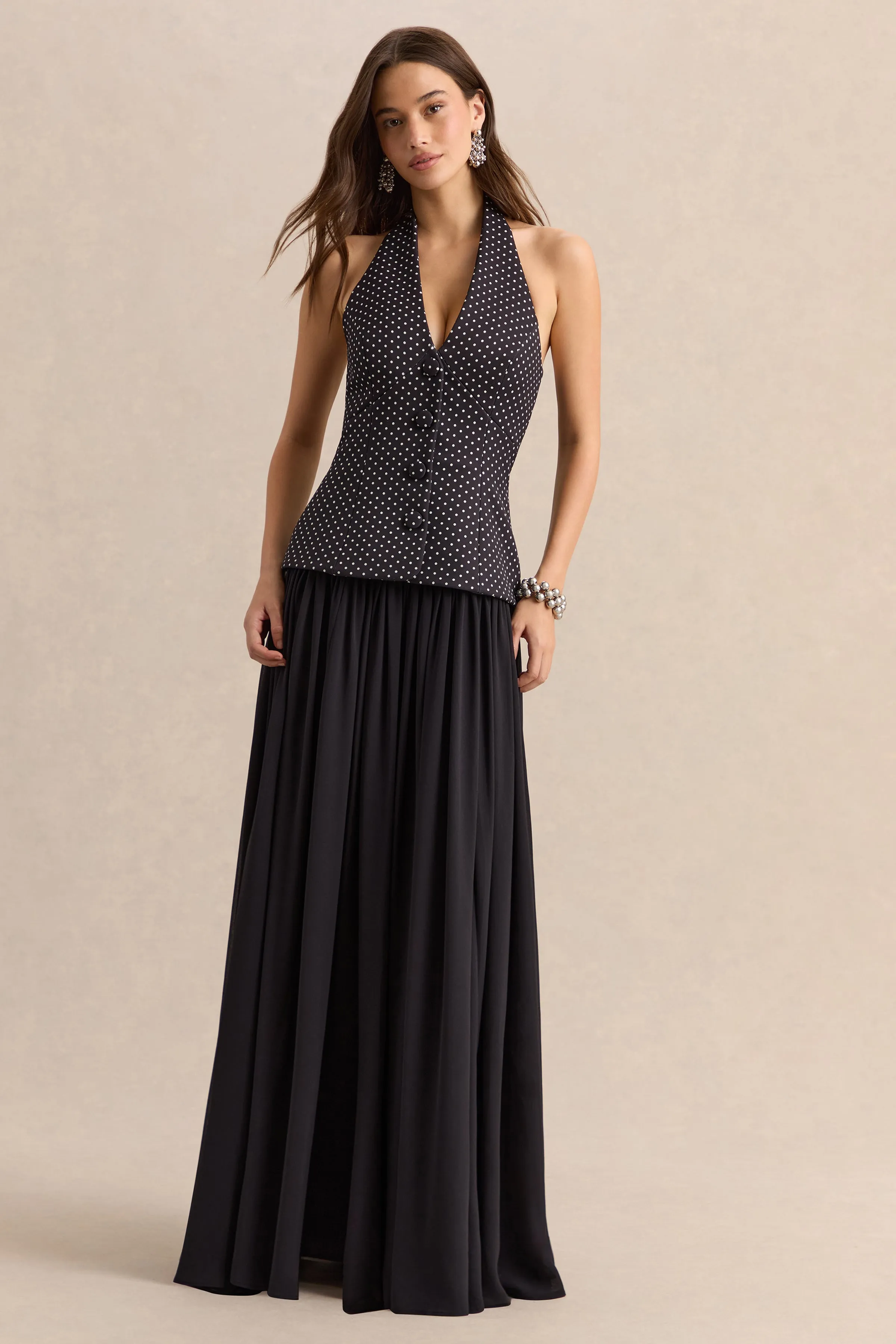 Zarina | Black & White Polka-Dot Plunge-Neck Maxi Dress sold by Club L London
