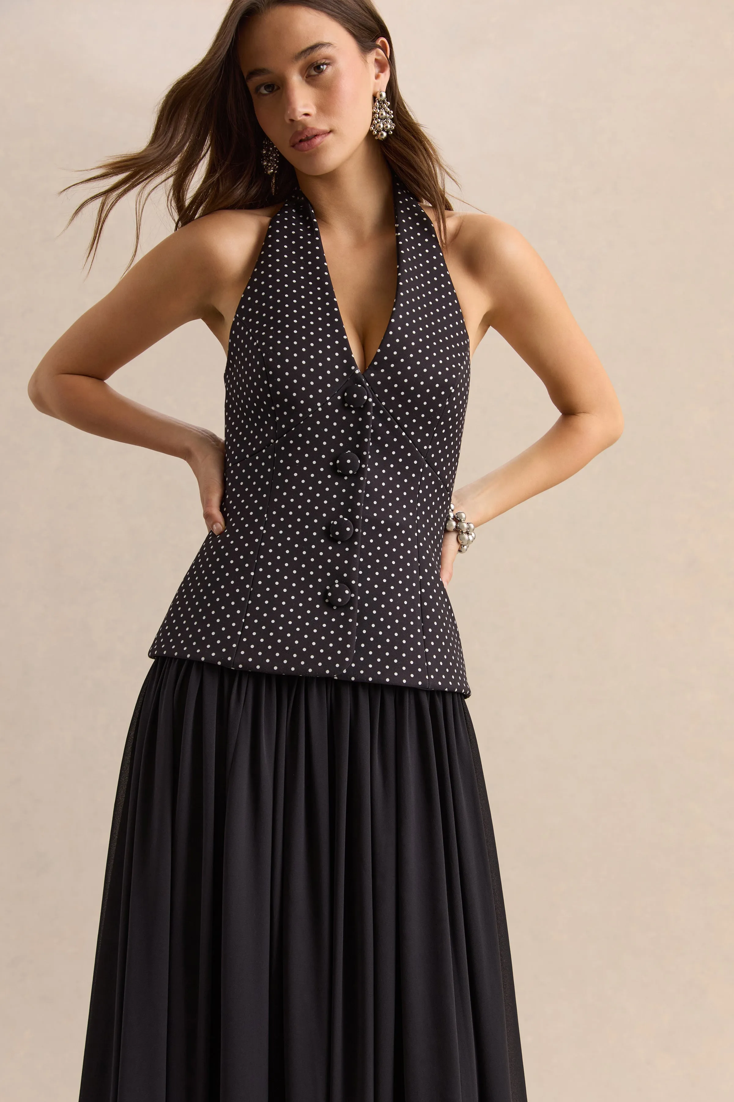 Zarina | Black & White Polka-Dot Plunge-Neck Maxi Dress sold by Club L London product image thumbnail 3