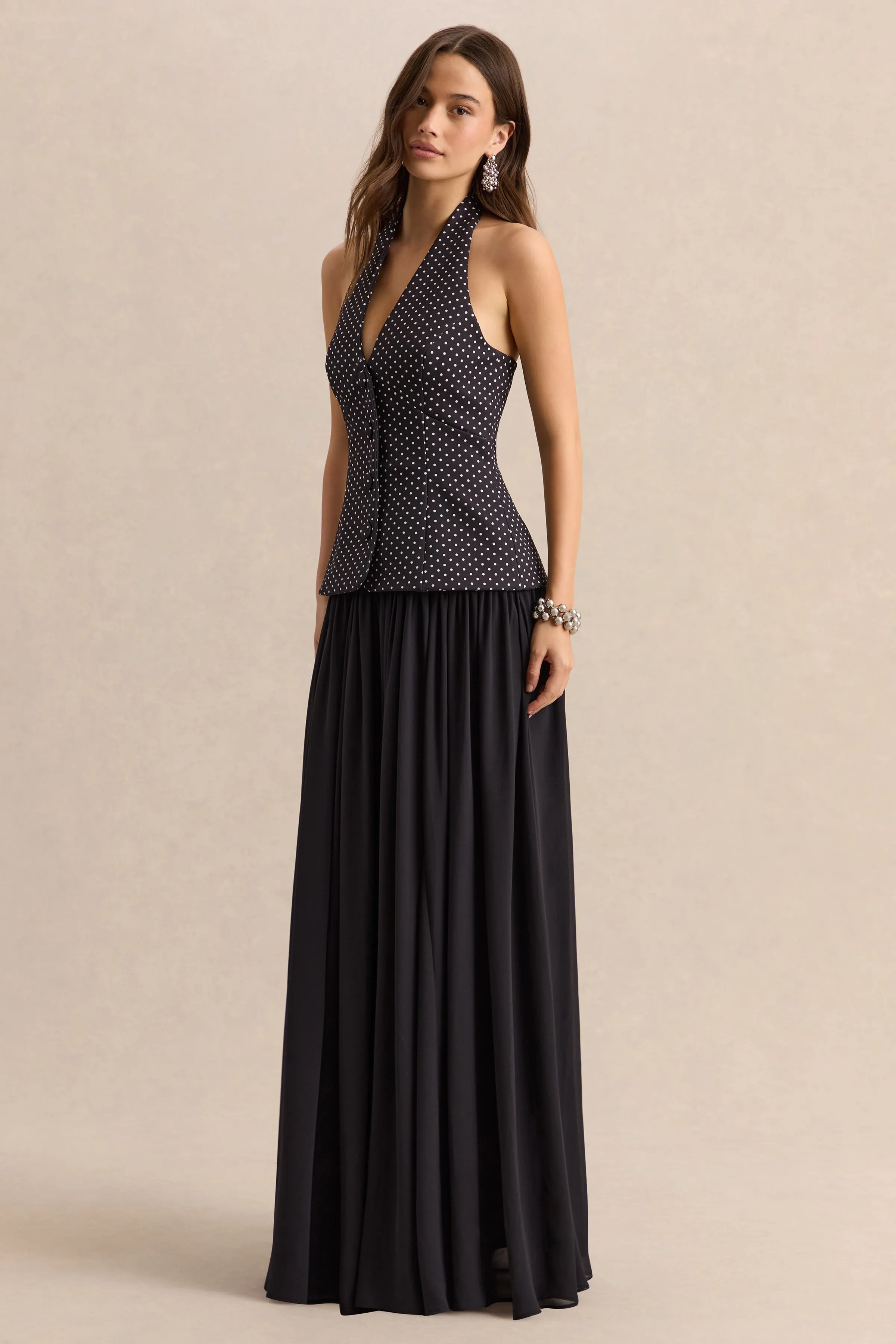 Zarina | Black & White Polka-Dot Plunge-Neck Maxi Dress sold by Club L London product image thumbnail 4