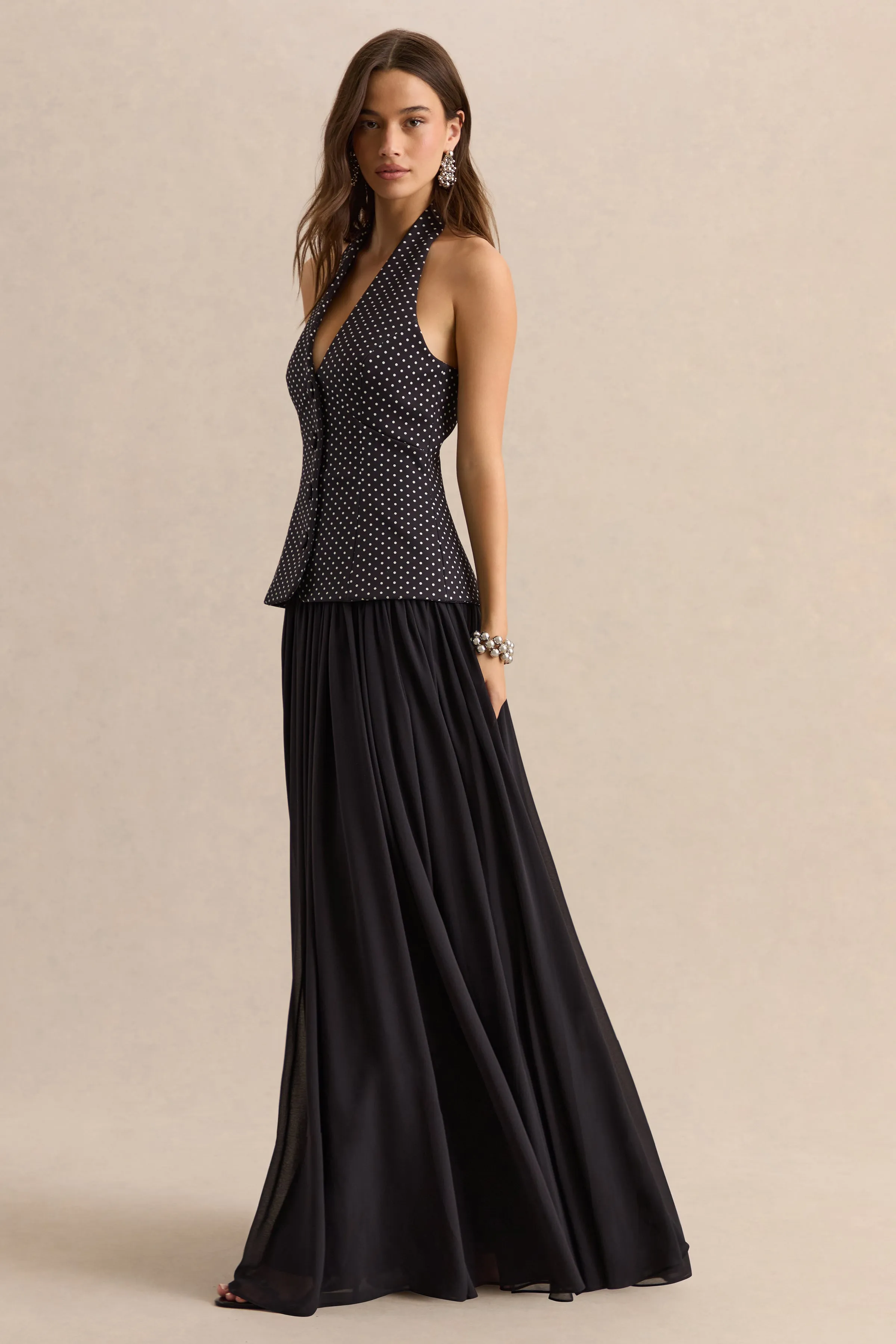 Zarina | Black & White Polka-Dot Plunge-Neck Maxi Dress sold by Club L London product image thumbnail 5
