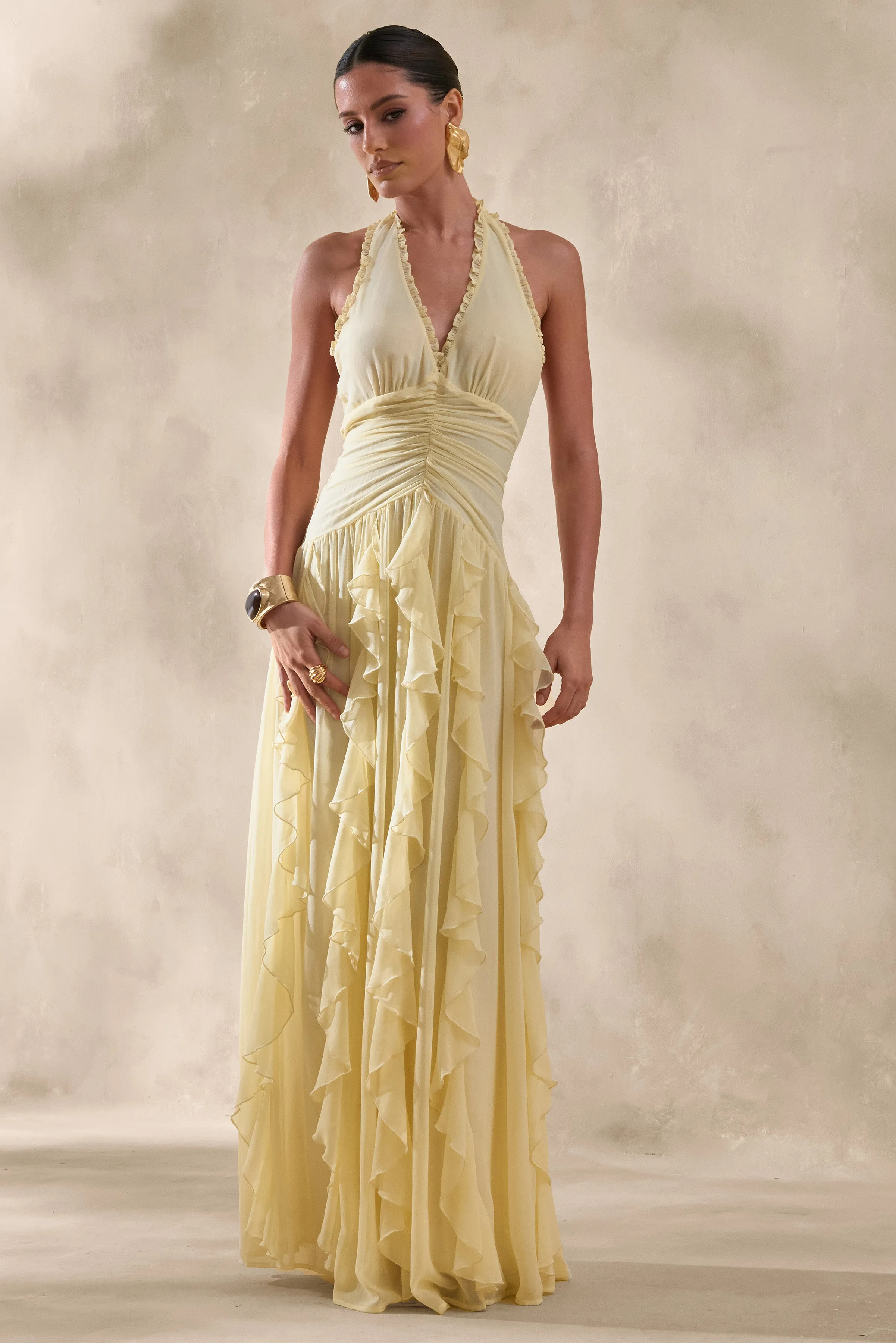 Bea | Lemon Plunge-Neck Ruffled Maxi Dress sold by Club L London