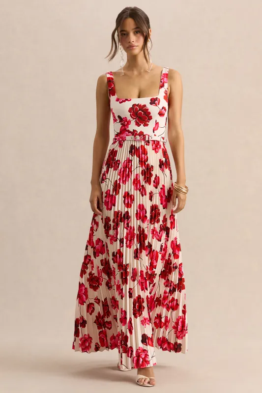 Danika | Hot Pink Floral Print Square-Neck Belted Maxi Dress With Pleated Skirt made by Club L London