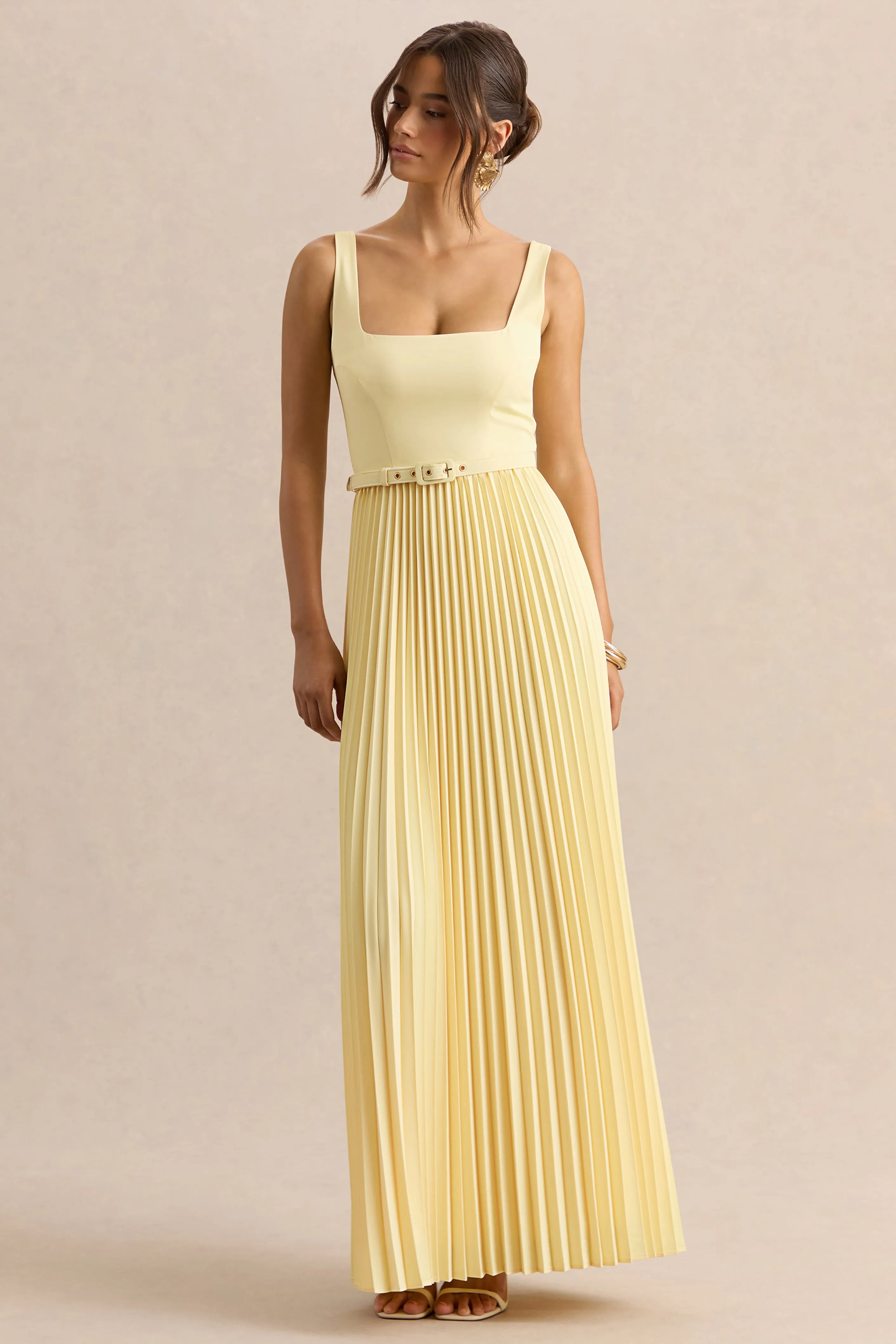 Danika | Lemon Square-Neck Belted Maxi Dress With Pleated Skirt sold by Club L London product image thumbnail 5
