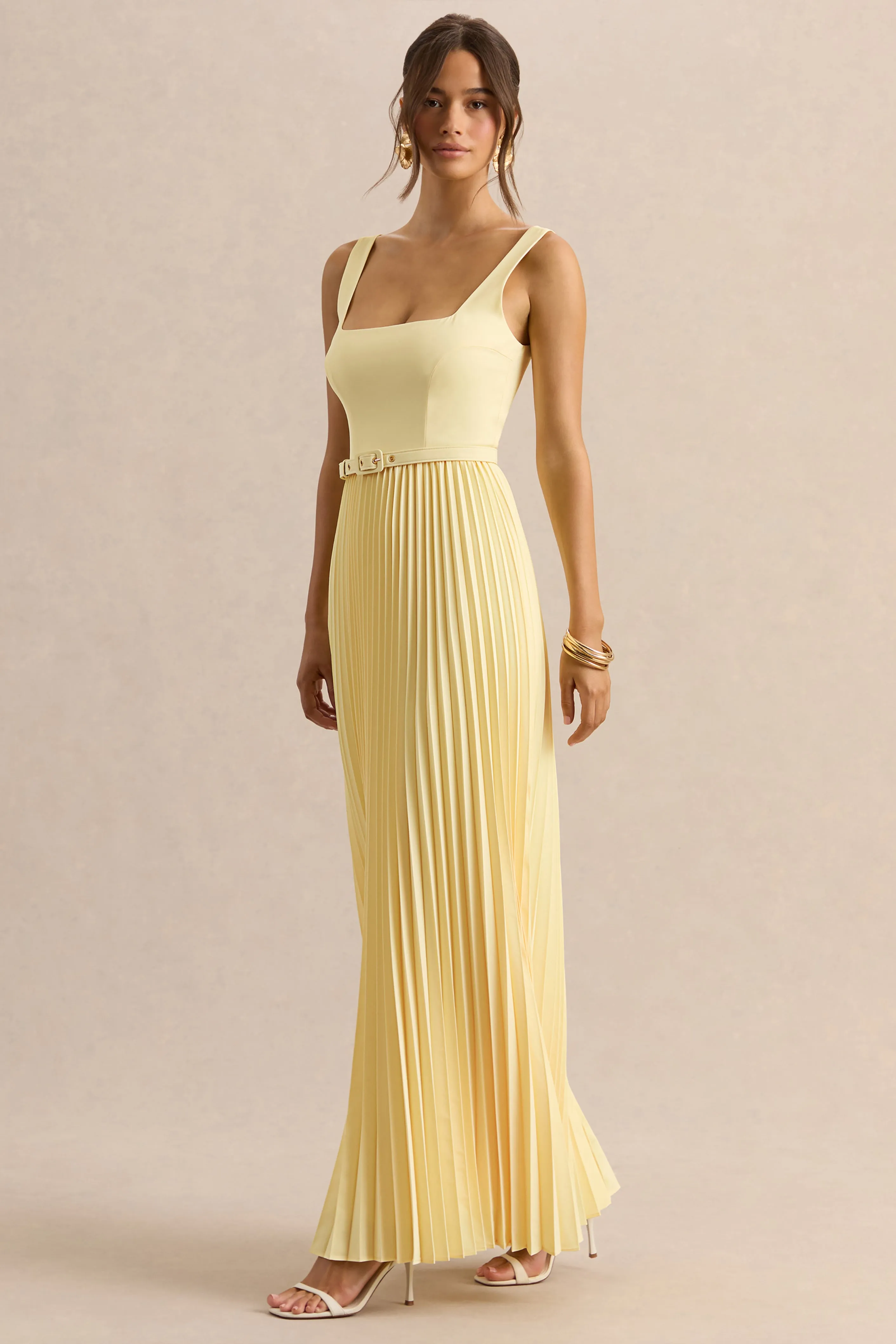 Danika | Lemon Square-Neck Belted Maxi Dress With Pleated Skirt sold by Club L London product image thumbnail 4