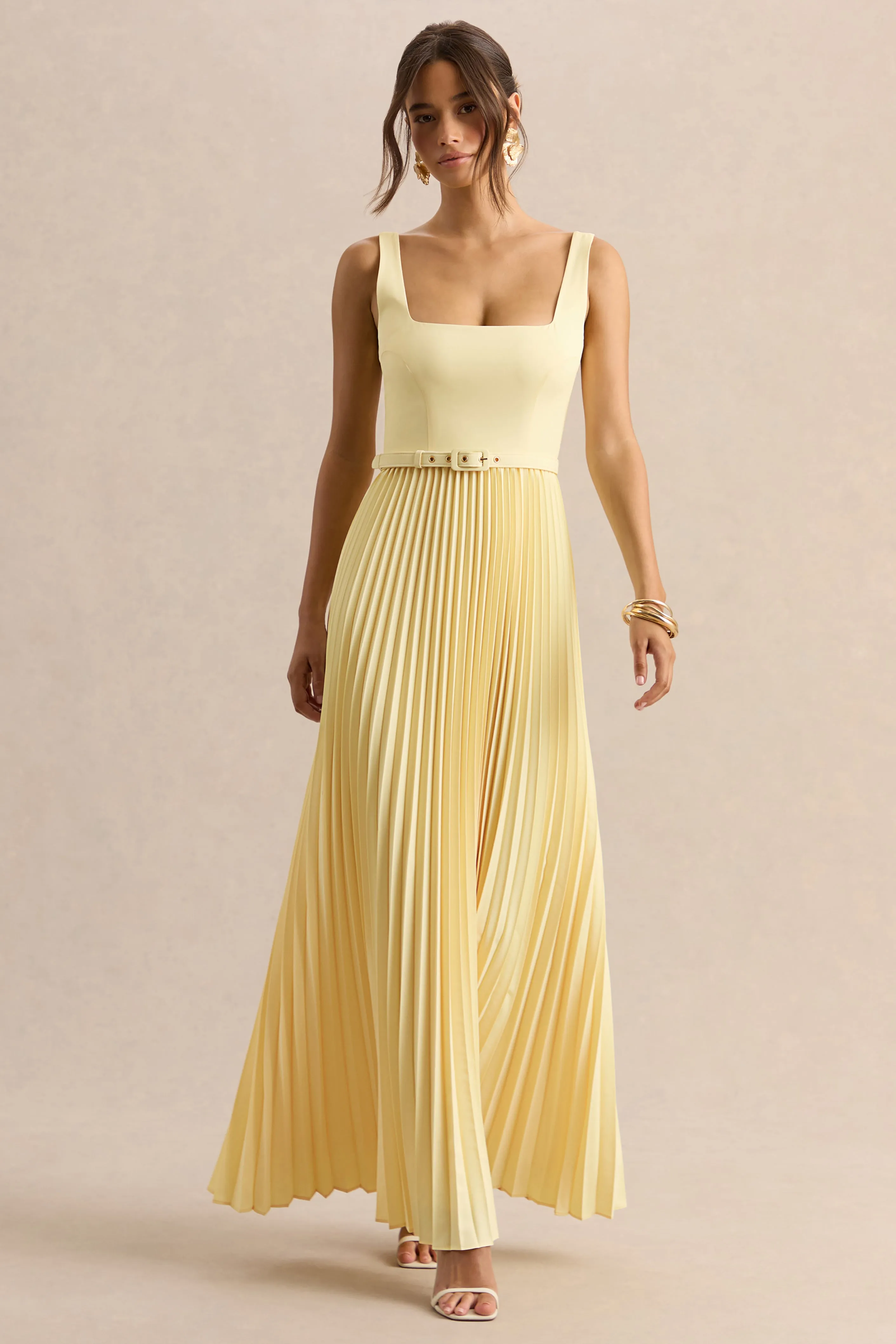 Danika | Lemon Square-Neck Belted Maxi Dress With Pleated Skirt sold by Club L London