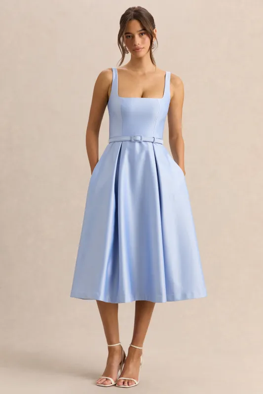 Crystaline | Powder Blue Satin Square-Neck Midi Dress made by Club L London